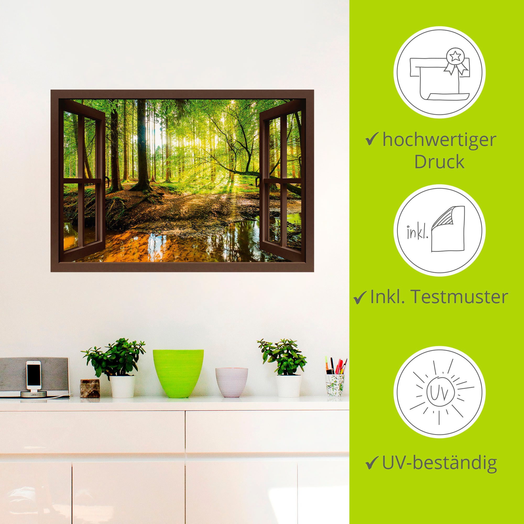 Artland Artprint Blik uit het venster - bos met beek als artprint op linnen, poster, muursticker in verschillende maten