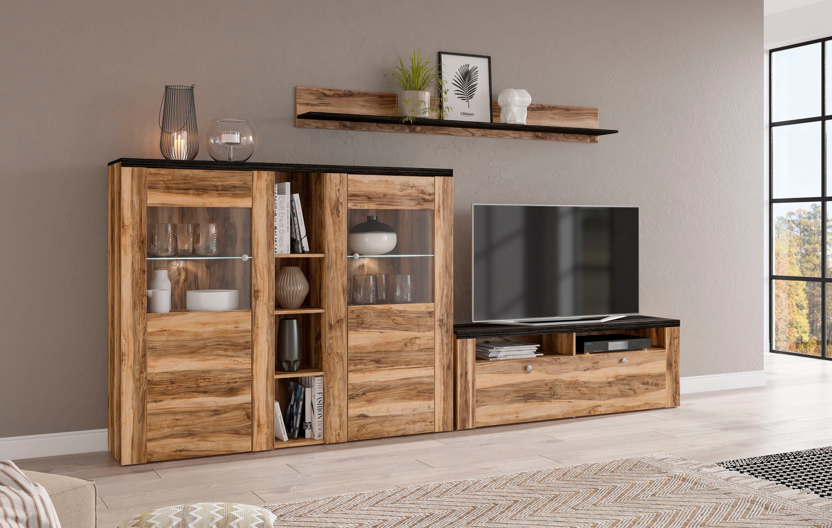 Home affaire Wandmeubel Larona, Woonwand, 3-delig set, bestaande uit 1 tv-kast, 1 hoge kast, 1 wandplank (3-delig)