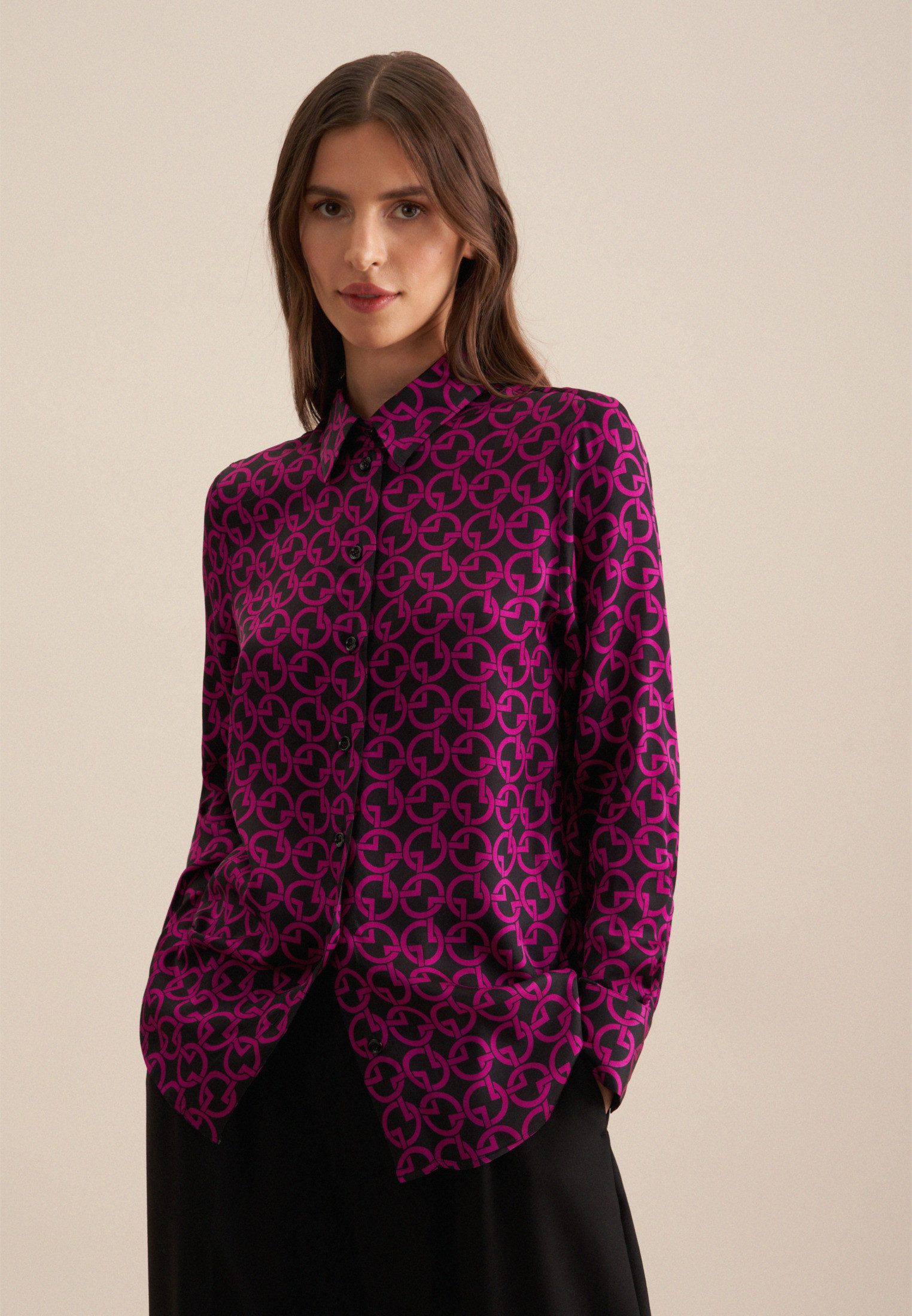 seidensticker Overhemdblouse Zwarte roos Lange mouwen kraag print