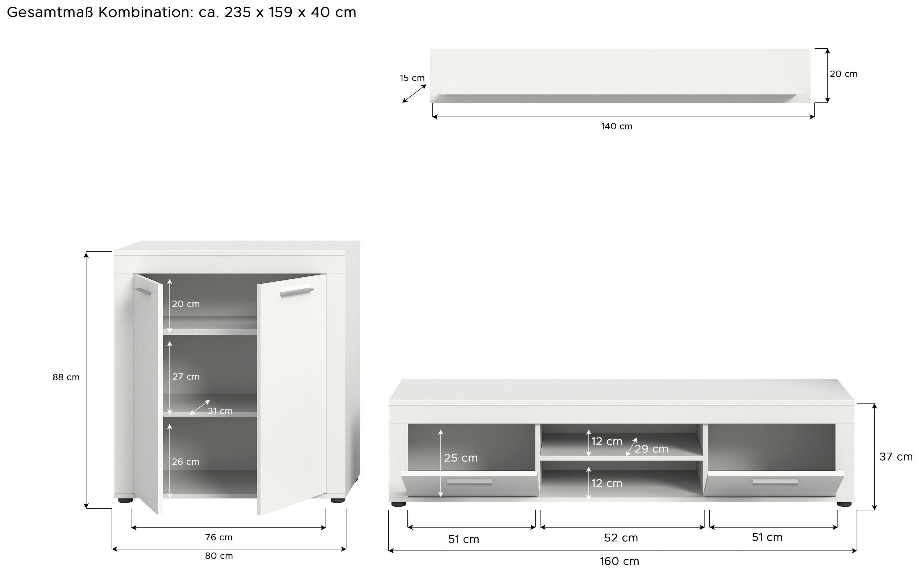 INOSIGN Wandmeubel Aosta, Breedte 255cm, bestaand uit Highboard, Lowboard, Wandplank Woonwand, combinatie, opbouwwand, meubelset, kastwand, meubelcombi (3-delig)