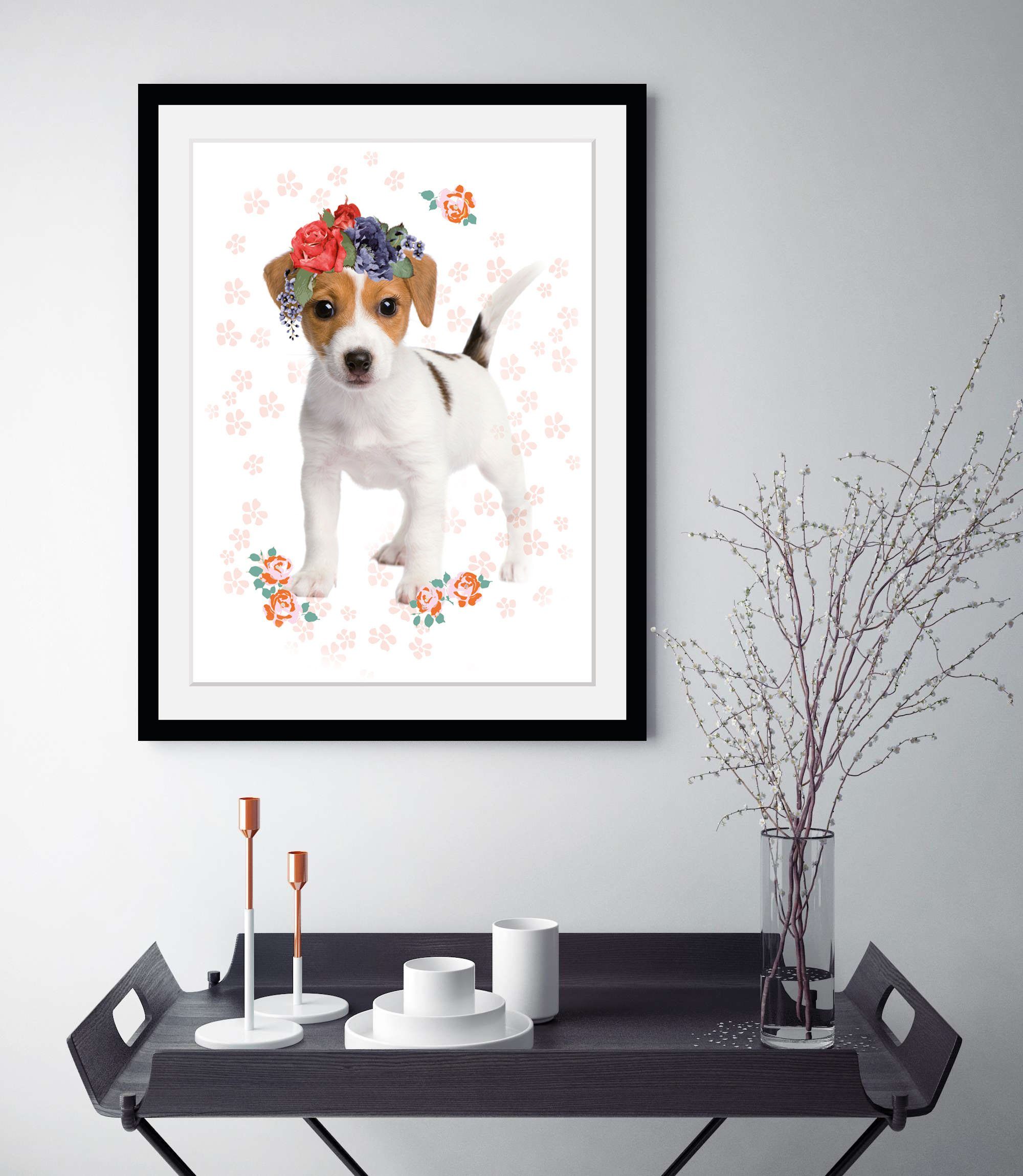 queence Wanddecoratie Bloemenhond HD premium posterdruk incl. houten lijst (1 stuk)