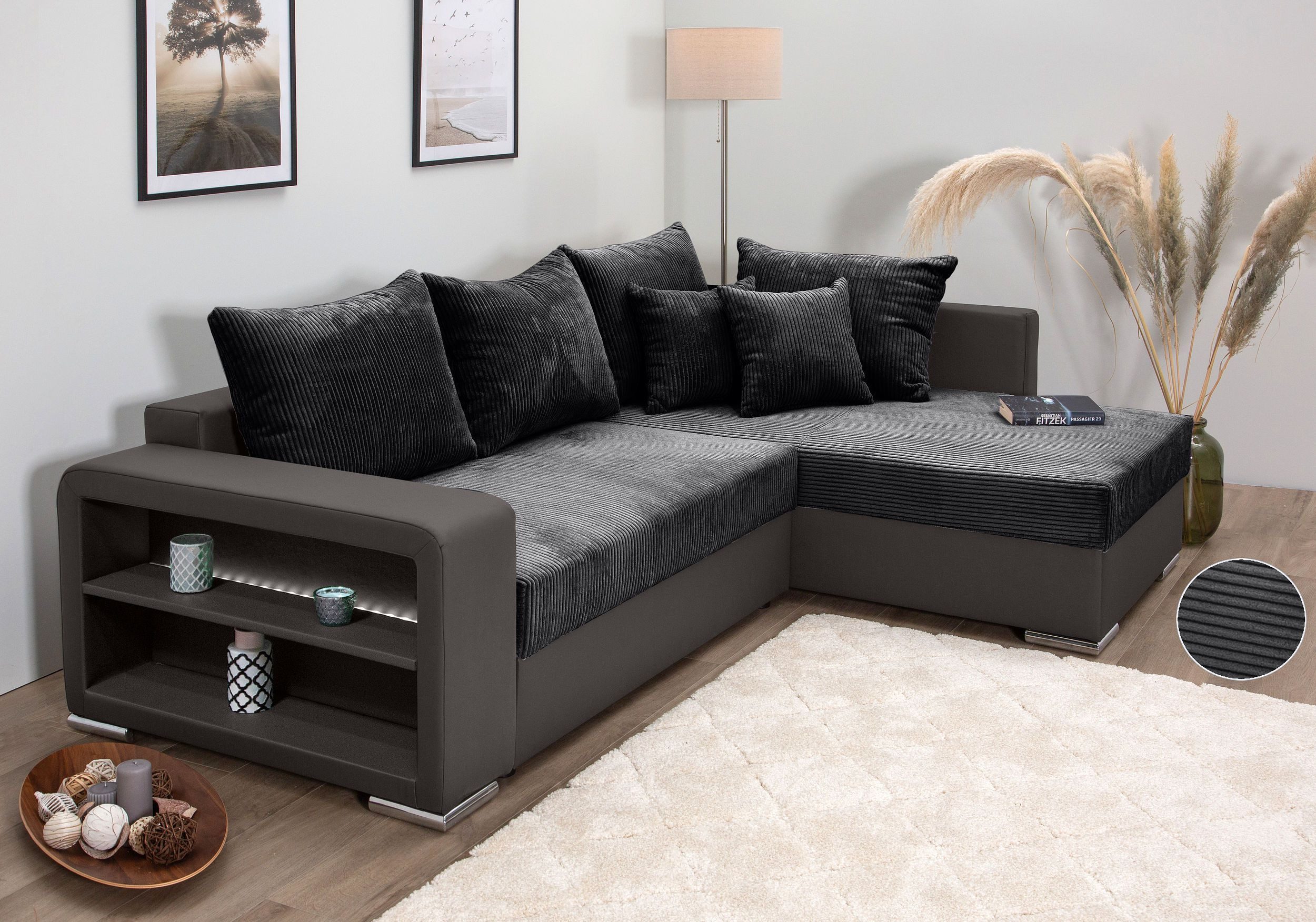 COLLECTION AB Hoekbank L-model Regalarmleuning met LED RGB verlichting, bedfunctie en bedbox grijs, hoekbanken