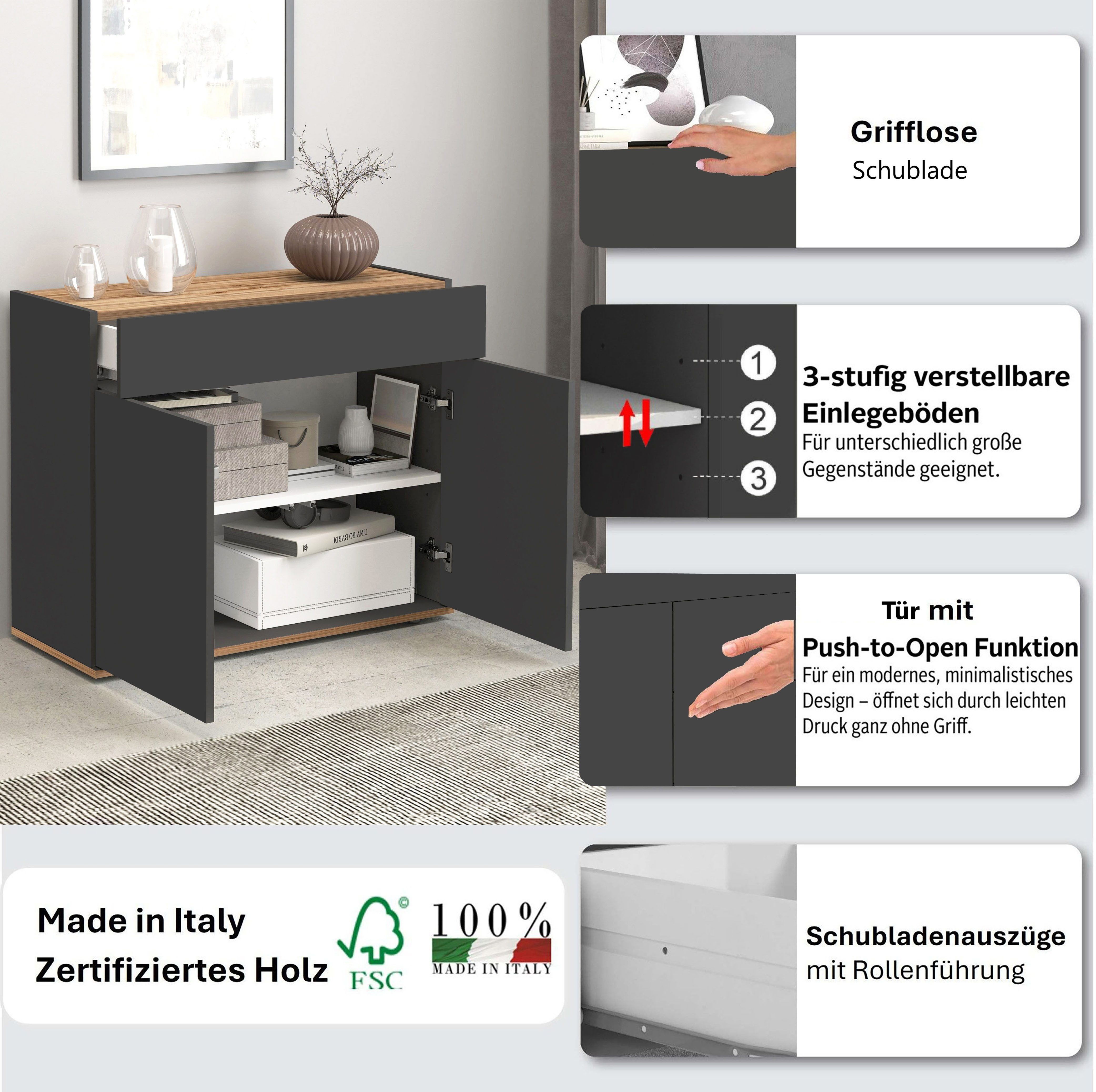 INOSIGN Dressoir Garda, Ladekast, Kast, Buffet 2 deuren, 1 lade, greeploos breedte 80,9 cm