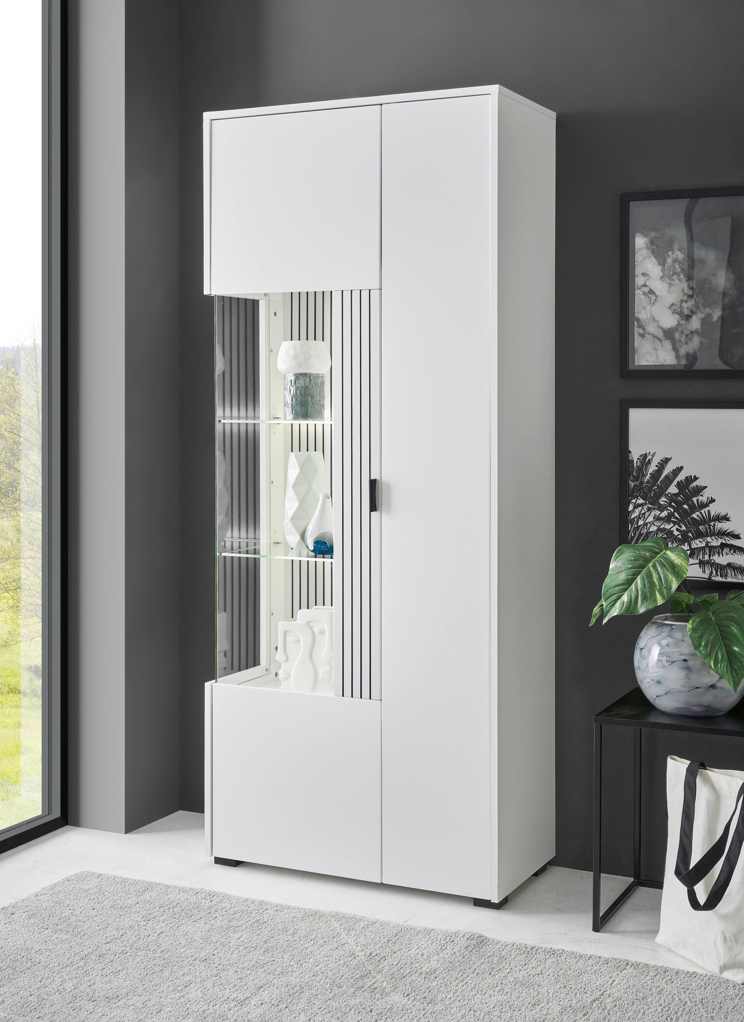 INOSIGN Vitrinekast Hudson, opberghangkast in moderne trendkleur, handgrepen van metaal (zwart), hoogte 180 cm