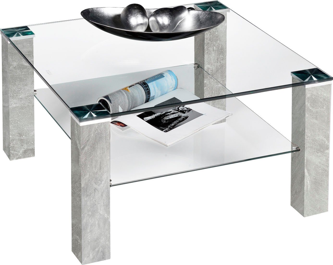 PRO Line Salontafel met glasplaat, plank van glas, frame van hout, vierkant