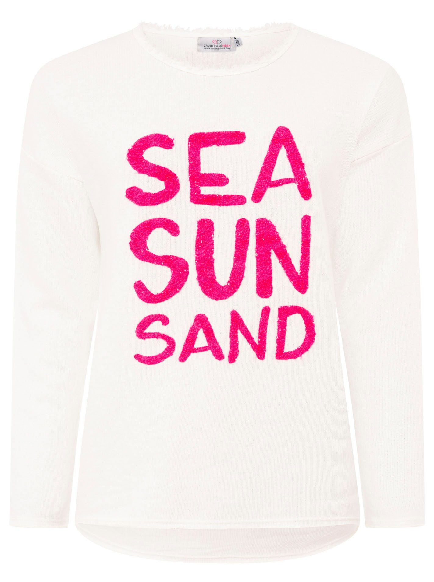 Zwillingsherz Sweater "Sea Sand Sun" Met grote flock-opschrift in opvallende kleur