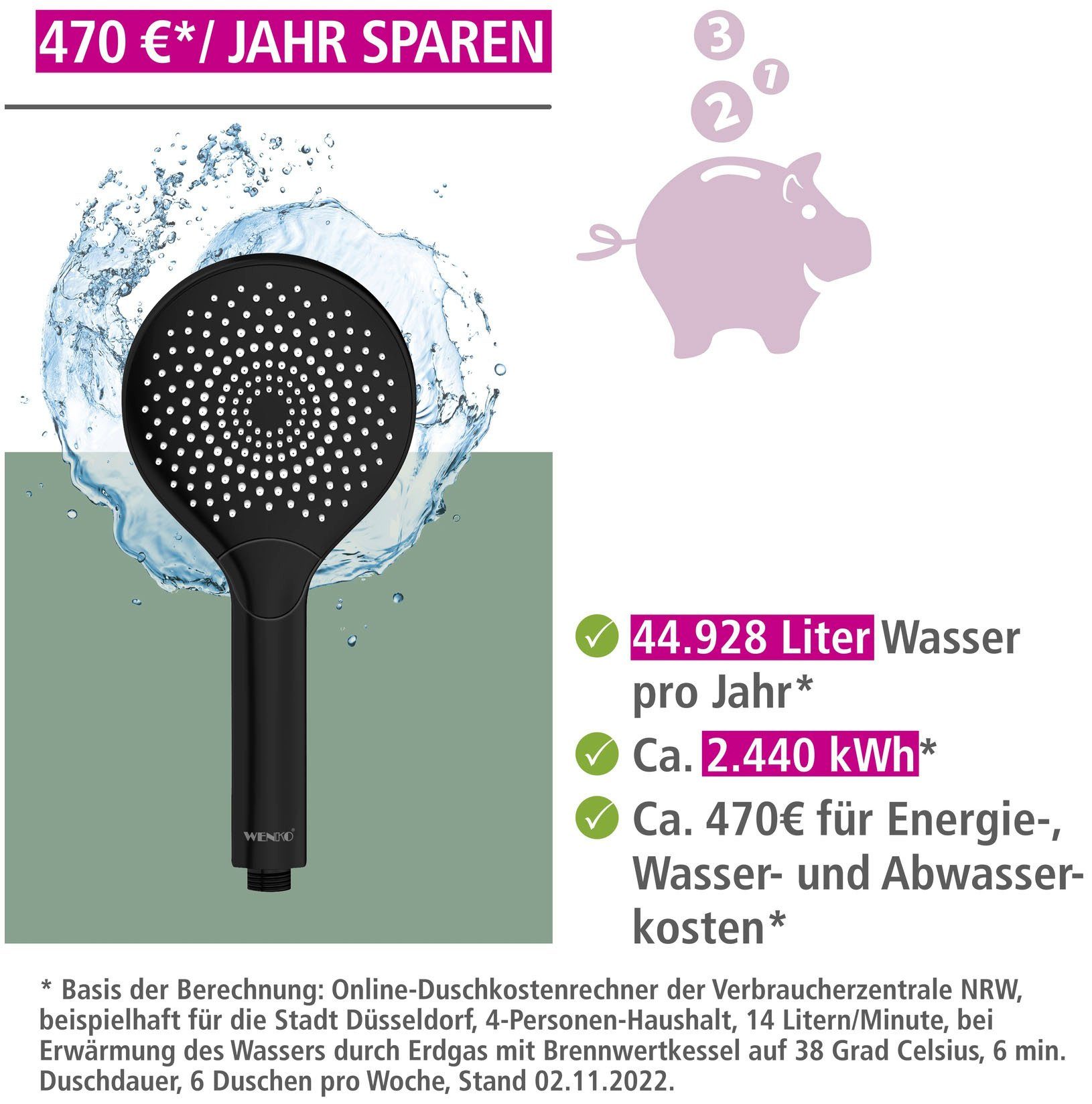 WENKO Handsproeier Watersaving Zwart mat, Ø 12 cm (1-delig)