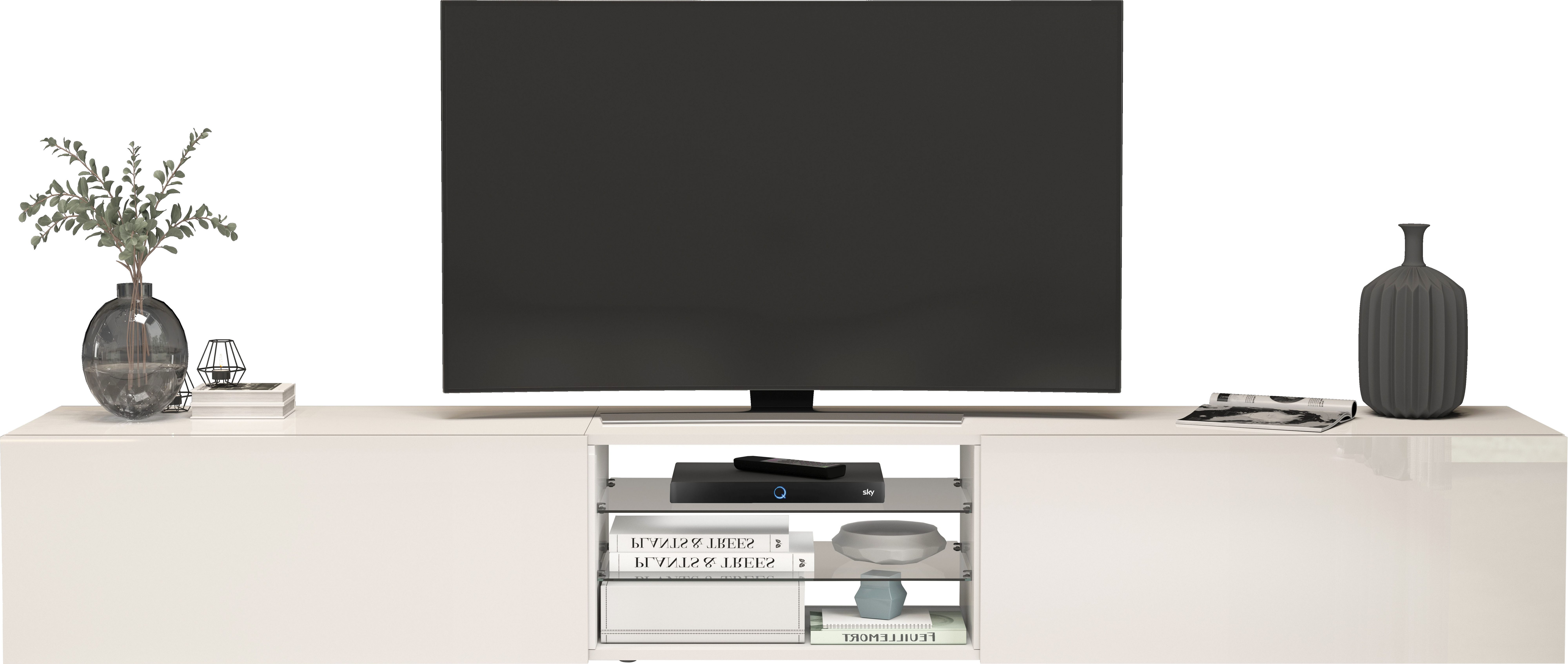 INOSIGN Tv-meubel Egypt, Lowboard, TV-ladekast, TV-meubel, TV-bank met 2 kleppen, 2 glazen planken, volledig hoogglans gelakt (b/d/h) 240x38x35 cm