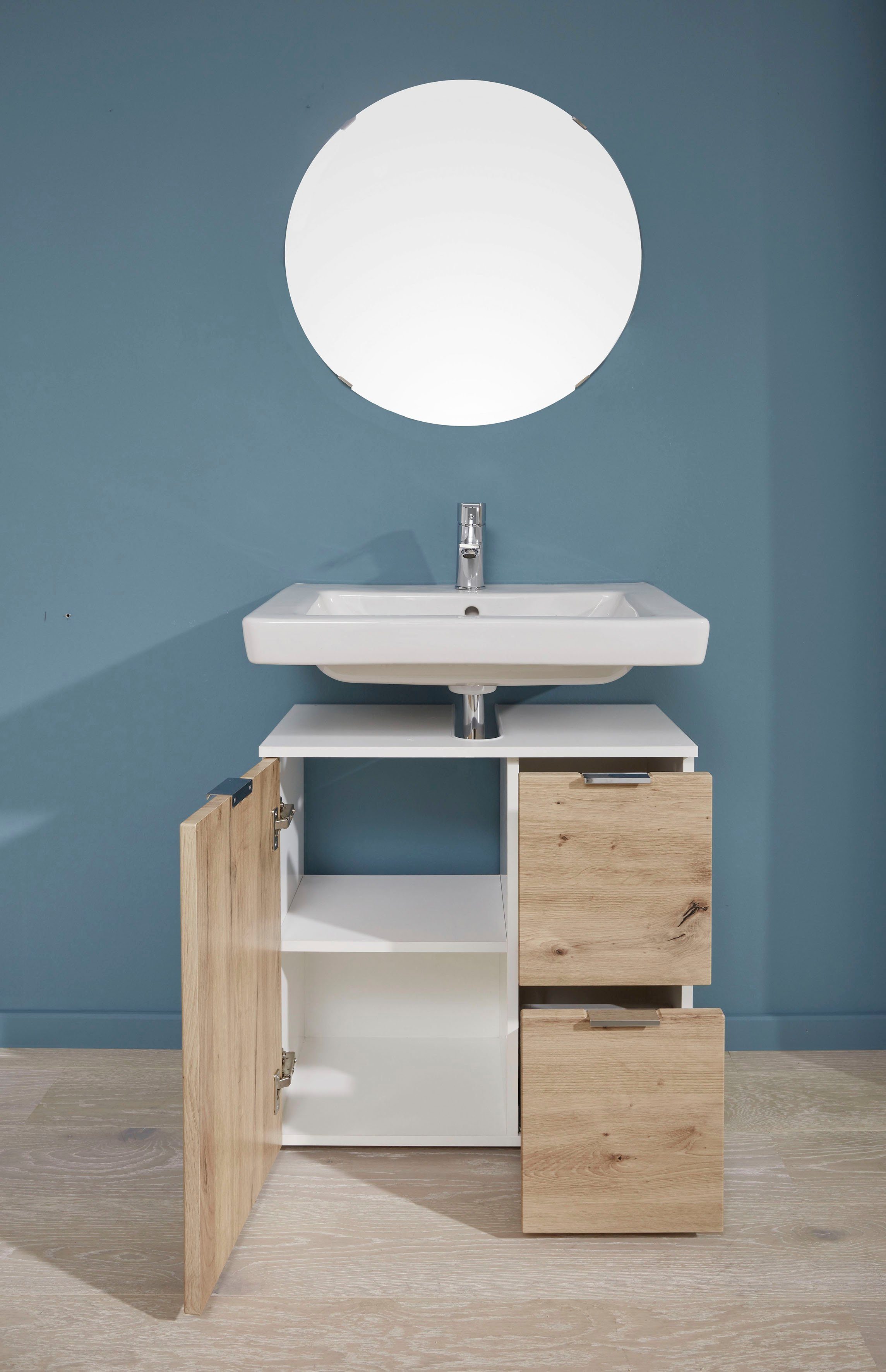 trendteam Wastafelonderkast Concept One Wastafel met 2 vakken en 2 lades in wit/echt houtlook