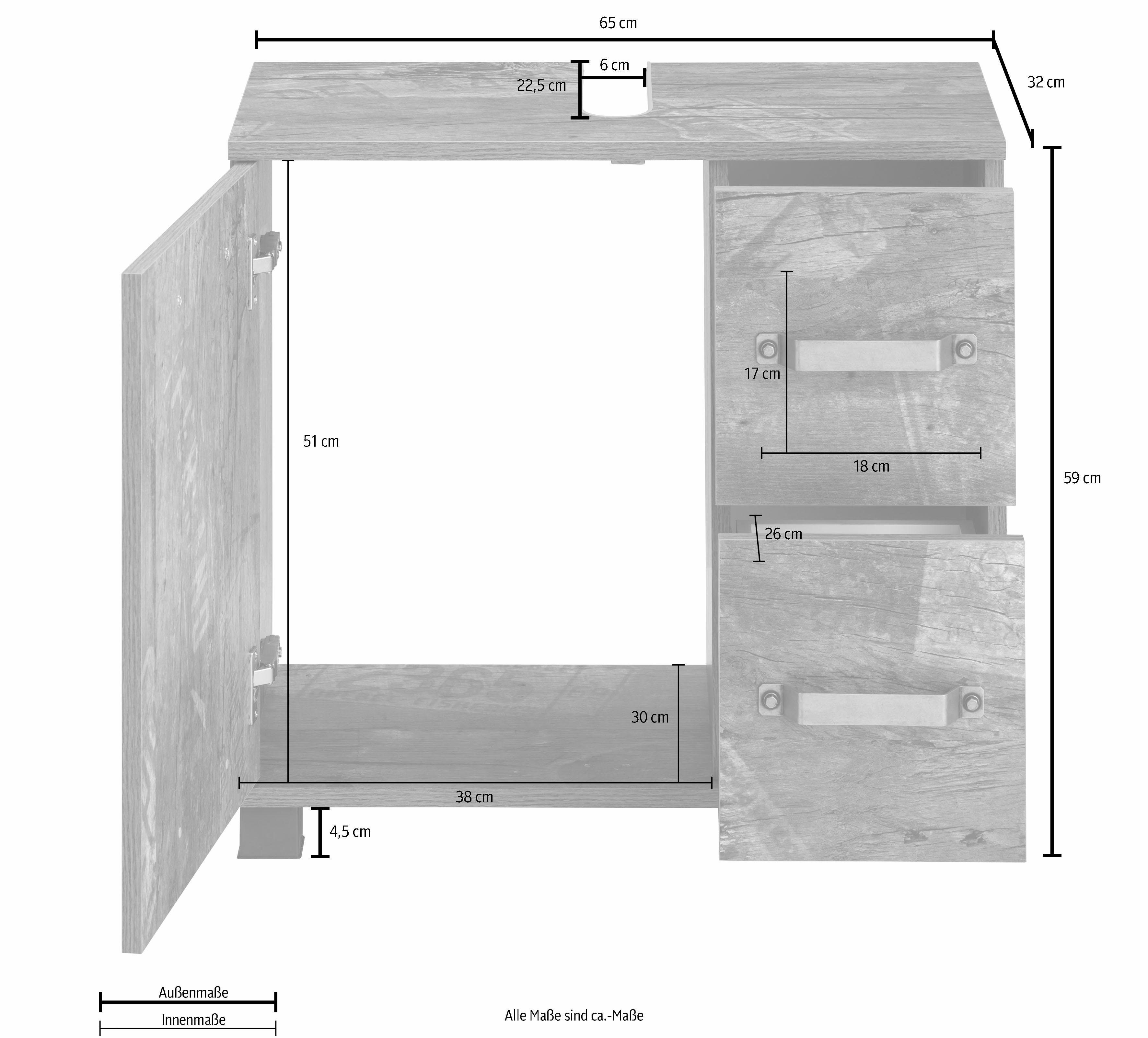 Schildmeyer Wastafelonderkast Milan Breedte 65 cm, met 1 deur & 2 laden, deur met dempers