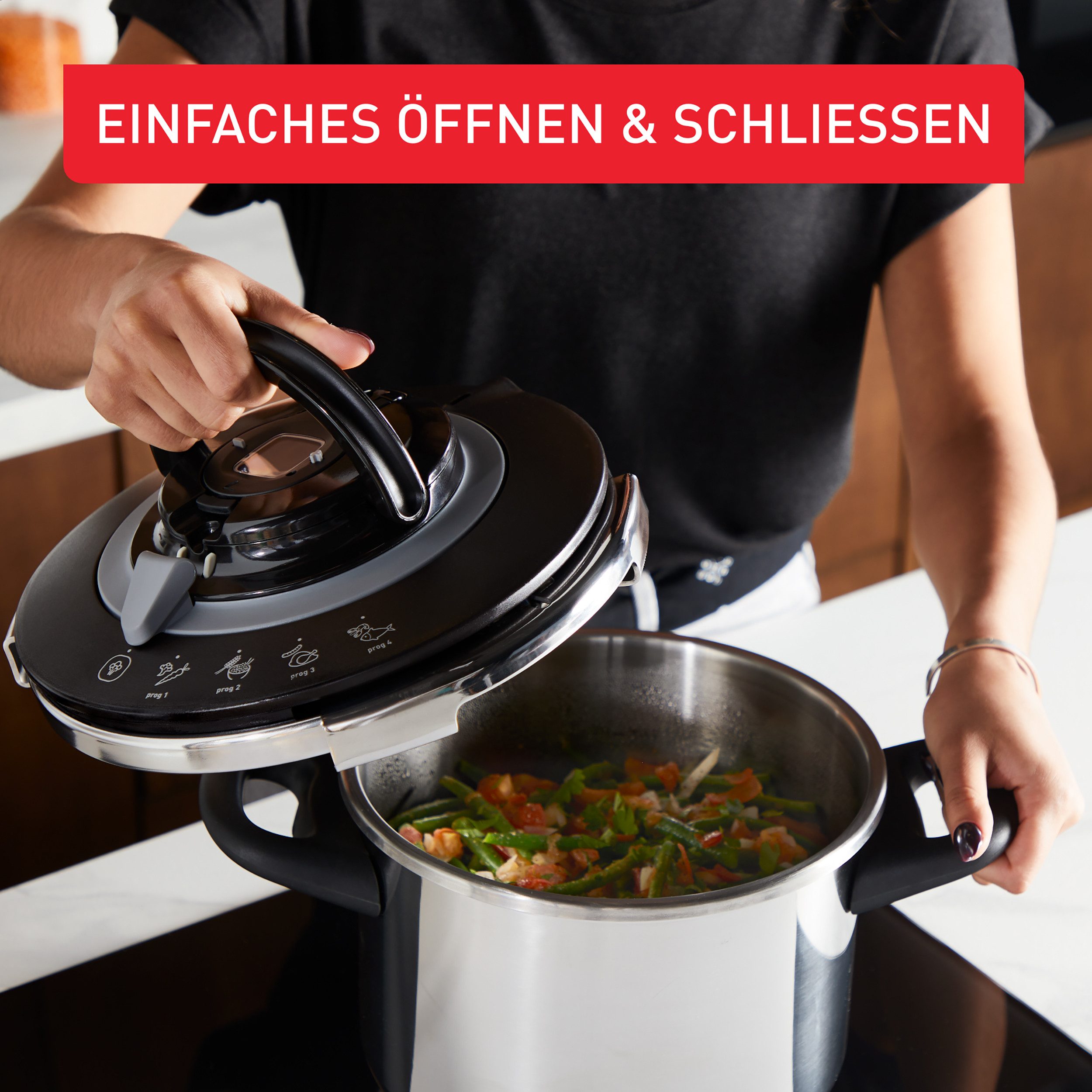 Tefal Snelkookpan Clipso+ CHEF, 6 liter snelkookpan 4 kookprogramma’s, 6 veiligheidsniveaus, afneembare timer
