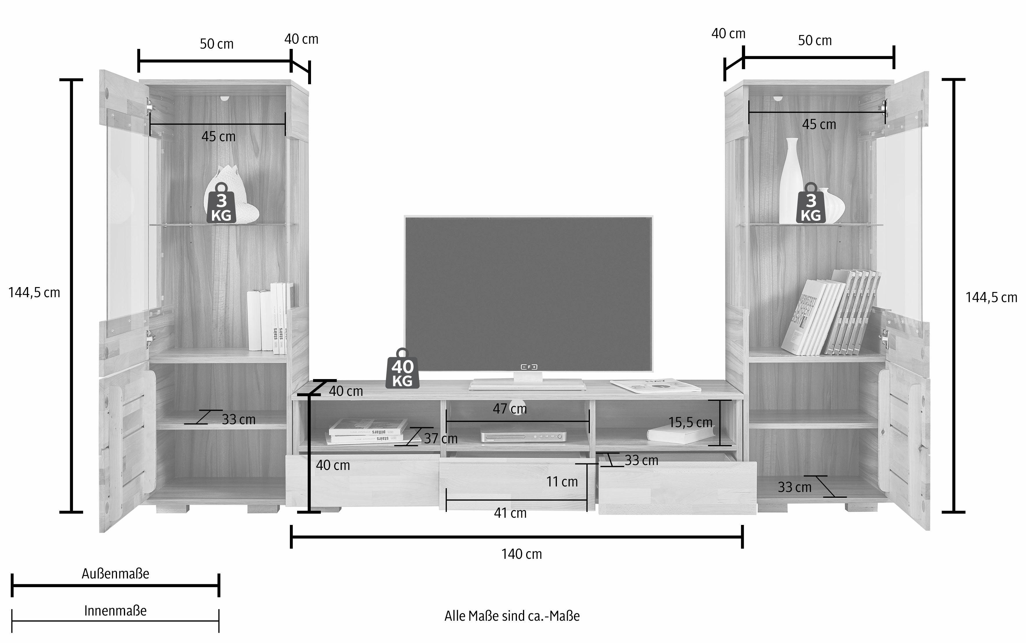 Home affaire Wandmeubel Vetro gedeeltelijk massief hout (set, 3-delig)