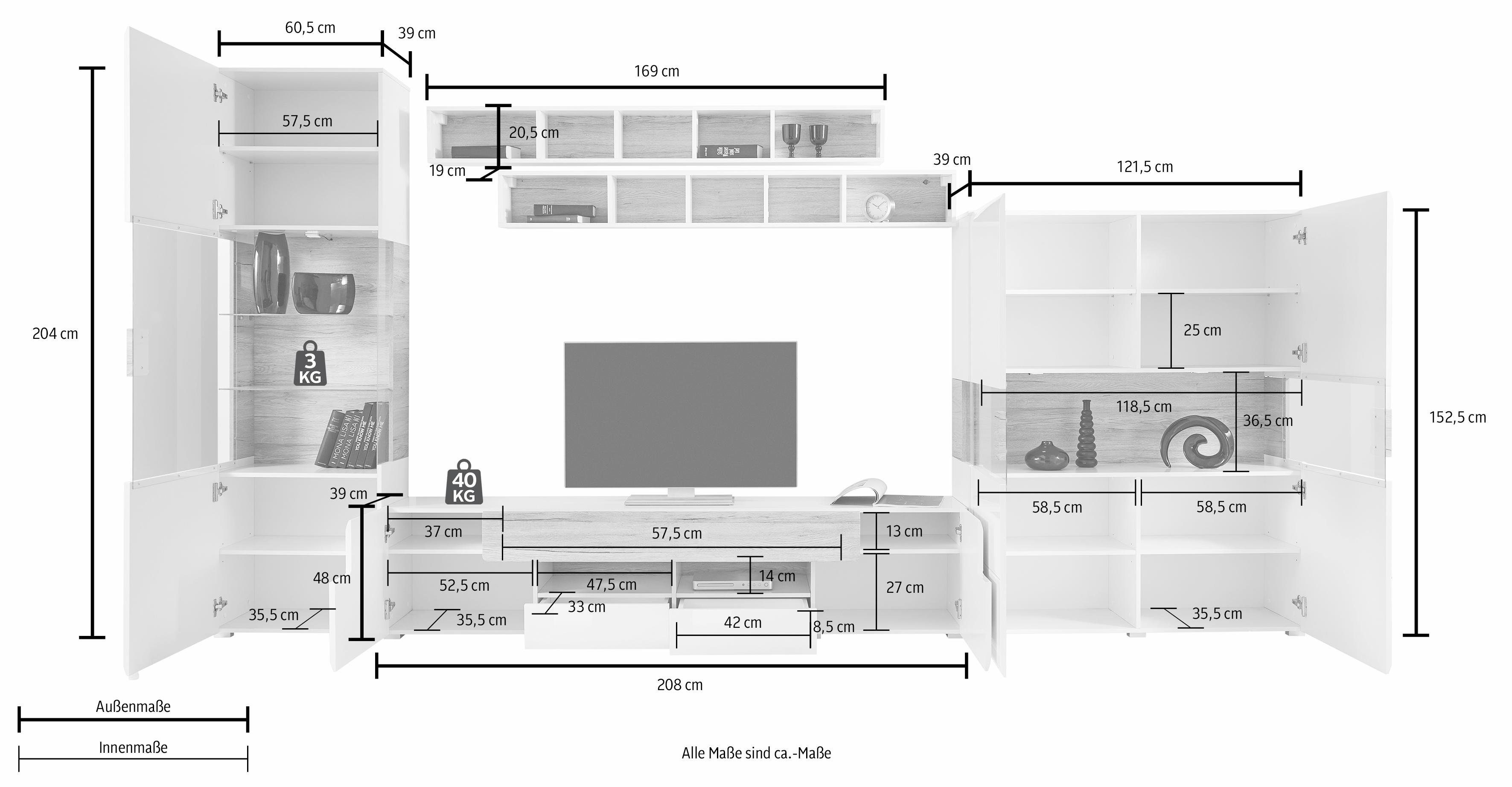INOSIGN Wandmeubel Toledo, breedte 391cm stijlvolle mediawand zonder verlichting Opbouwwand (vitrine, lowboard, highboard, 2x hangplank) MDF hoogglans fronten (set, 5 stuks)