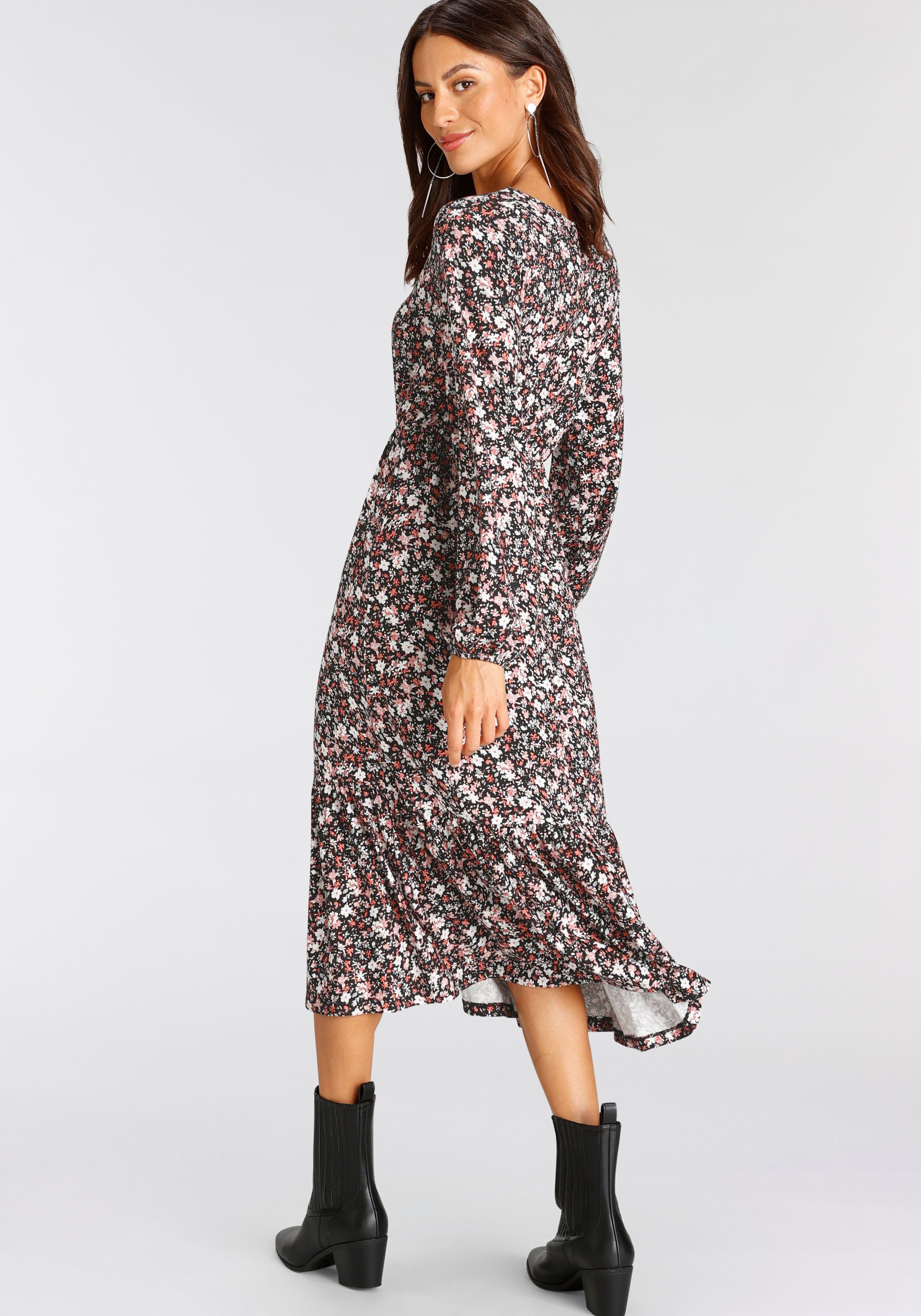 Laura Scott Midi-jurk kuitlang, gebloemde look, van viscosemix, lange mouwen
