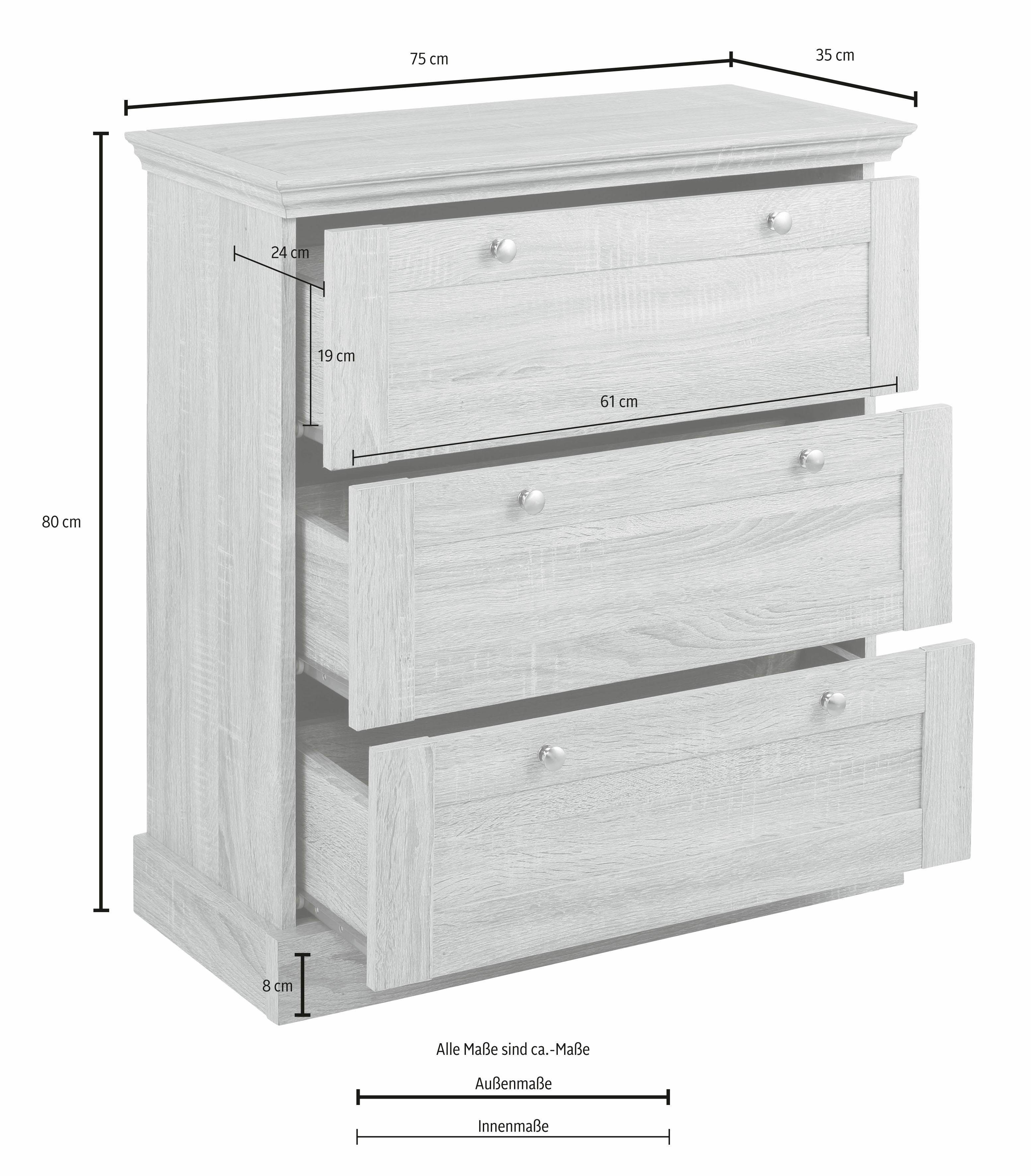 Home affaire Ladekast Binz met mooie metalen handgrepen, 3 laden, breedte 75 cm