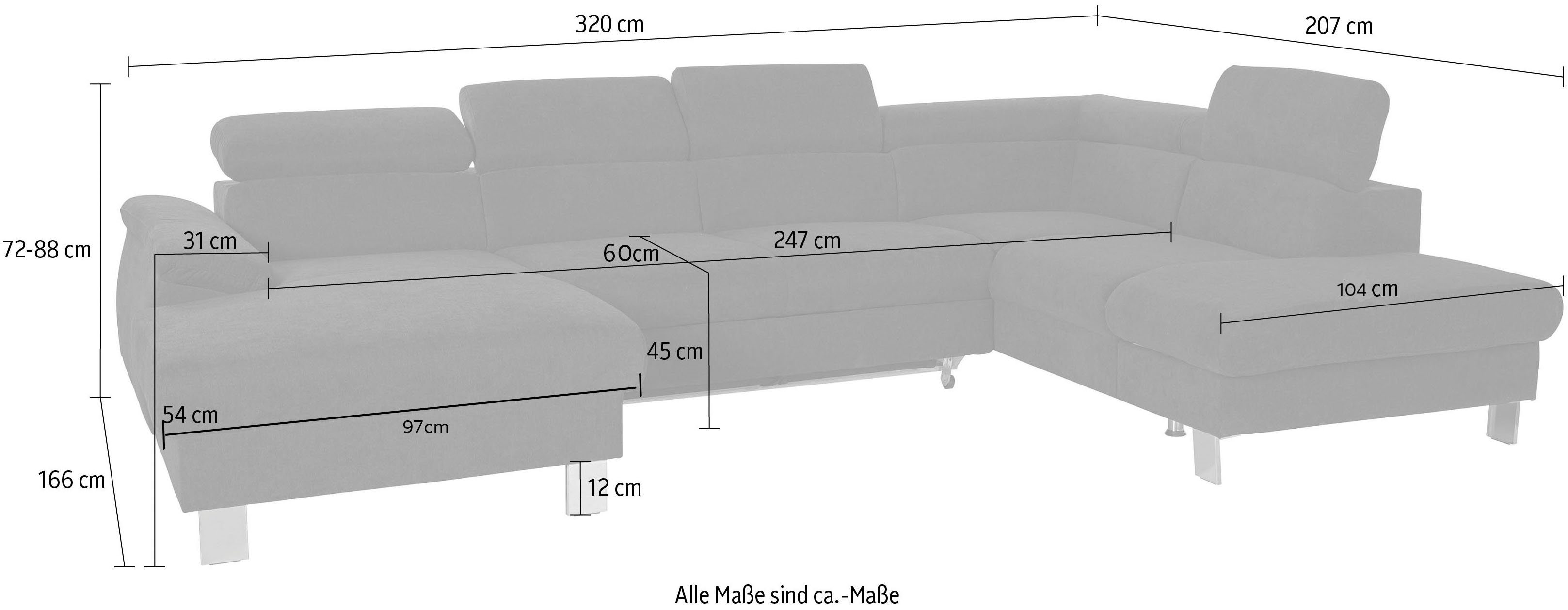 COTTA Zithoek Komaris U-Form, B: 320 cm keuze met bedfunctie, bedlade & verlichting