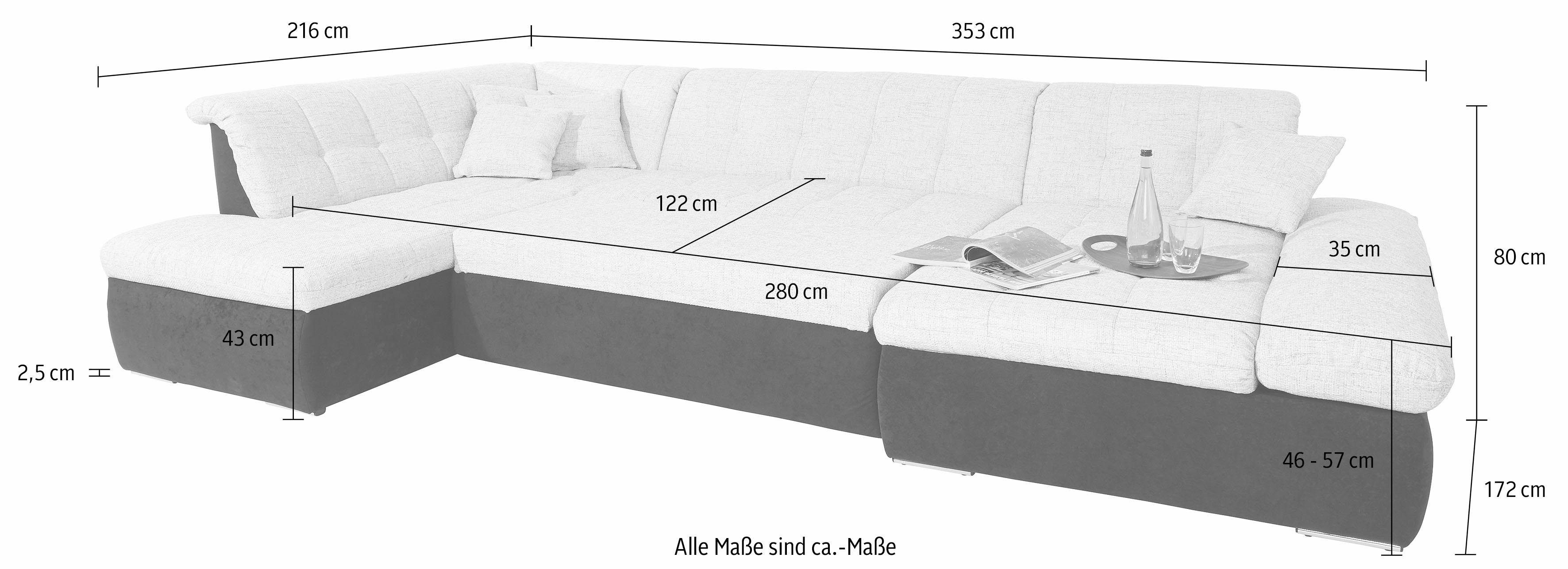 DOMO collection Zithoek Moric U-vorm ook in cord in xxl-formaat, naar keuze met slaapfunctie en verstelbare armleuning