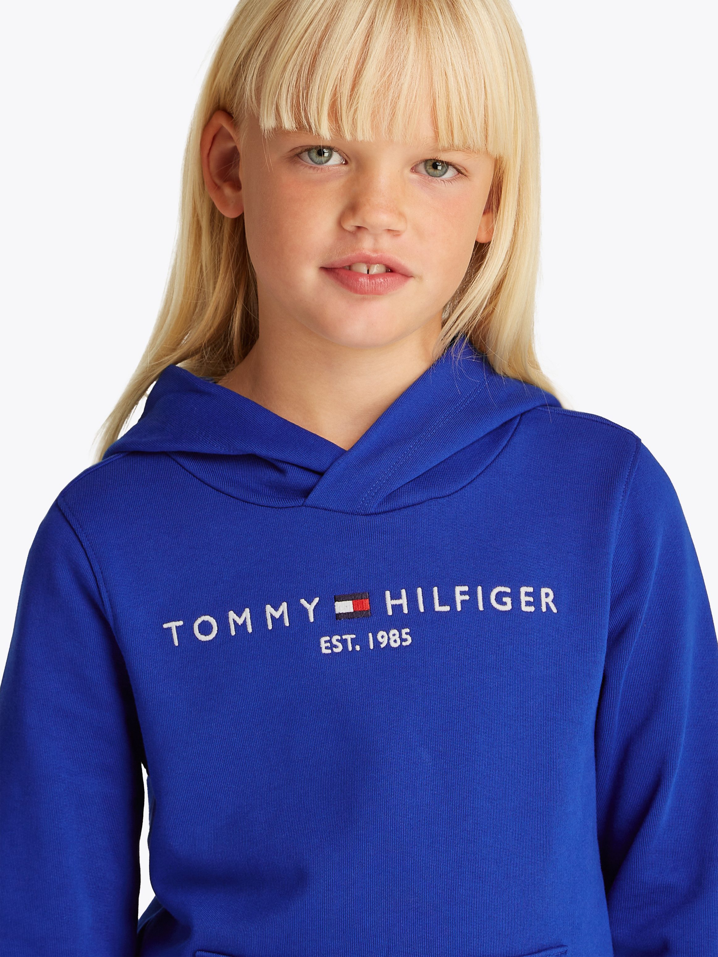 Tommy Hilfiger Hoodie U ESSENTIAL HOODIE met logo-borduurwerk en tekst jongens sweatshirts maat 5 (110) blauw
