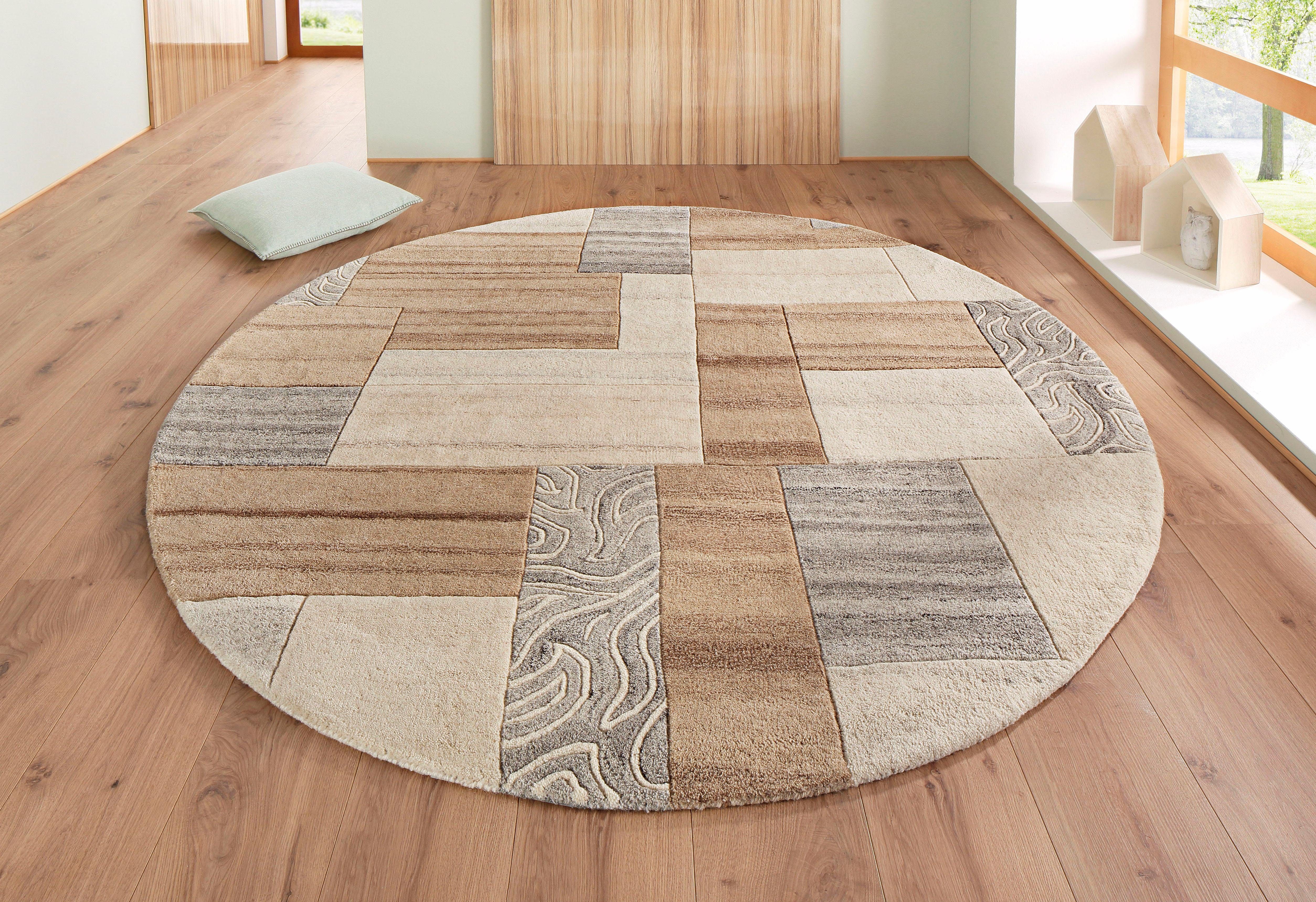 THEKO Wollen kleed Lola, wol, handgemaakt, patchwork ontwerp handgetuft, woonkamer, slaapkamer, eetkamer