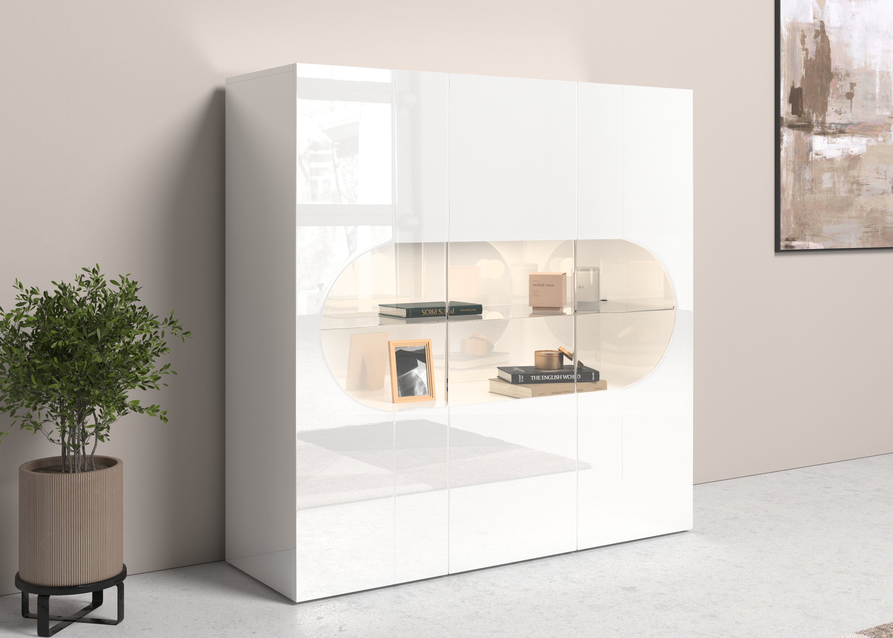 INOSIGN Highboard Real, highboard, commode, kast met 3 deuren, volledig hoogglans gelakt met 3 deuren, waarvan 2 van glas, met een grote glazen plank,