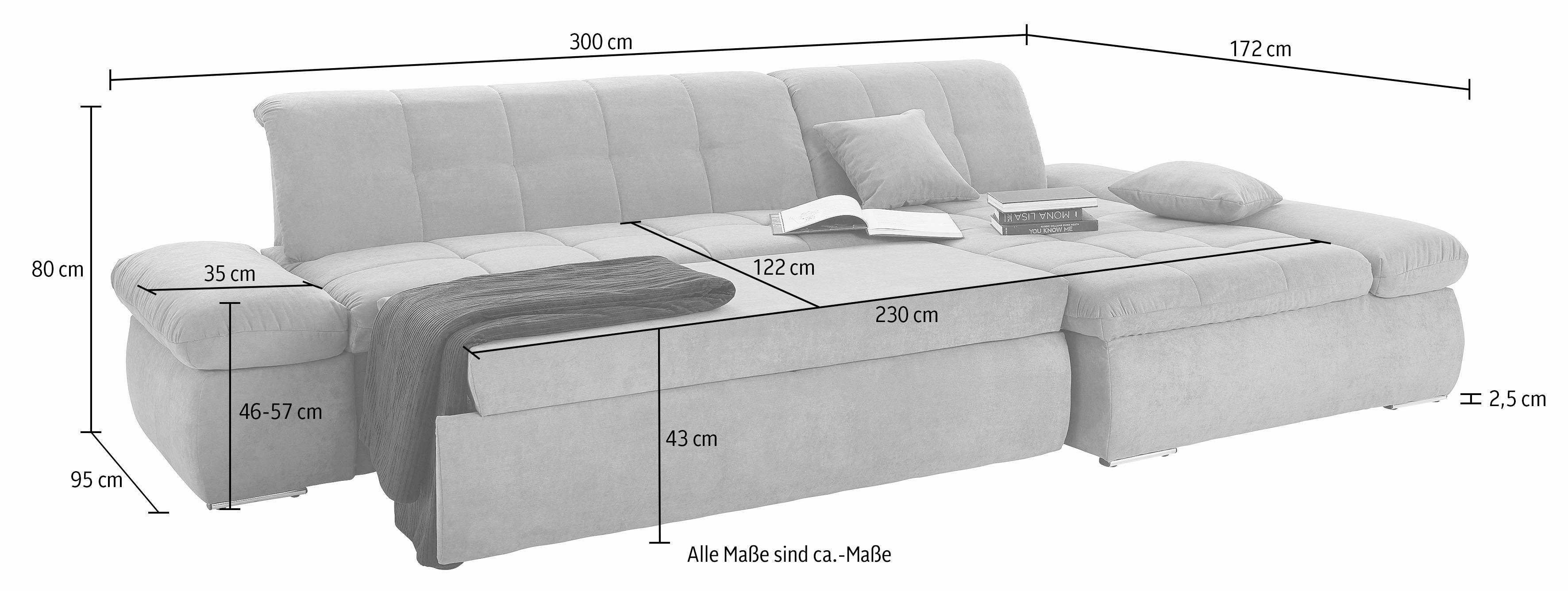 DOMO collection Hoekbank NMoric XXL, B/D/H: 300/172/80cm, L-vorm naar keuze met slaapfunctie en verstelbare armleuning