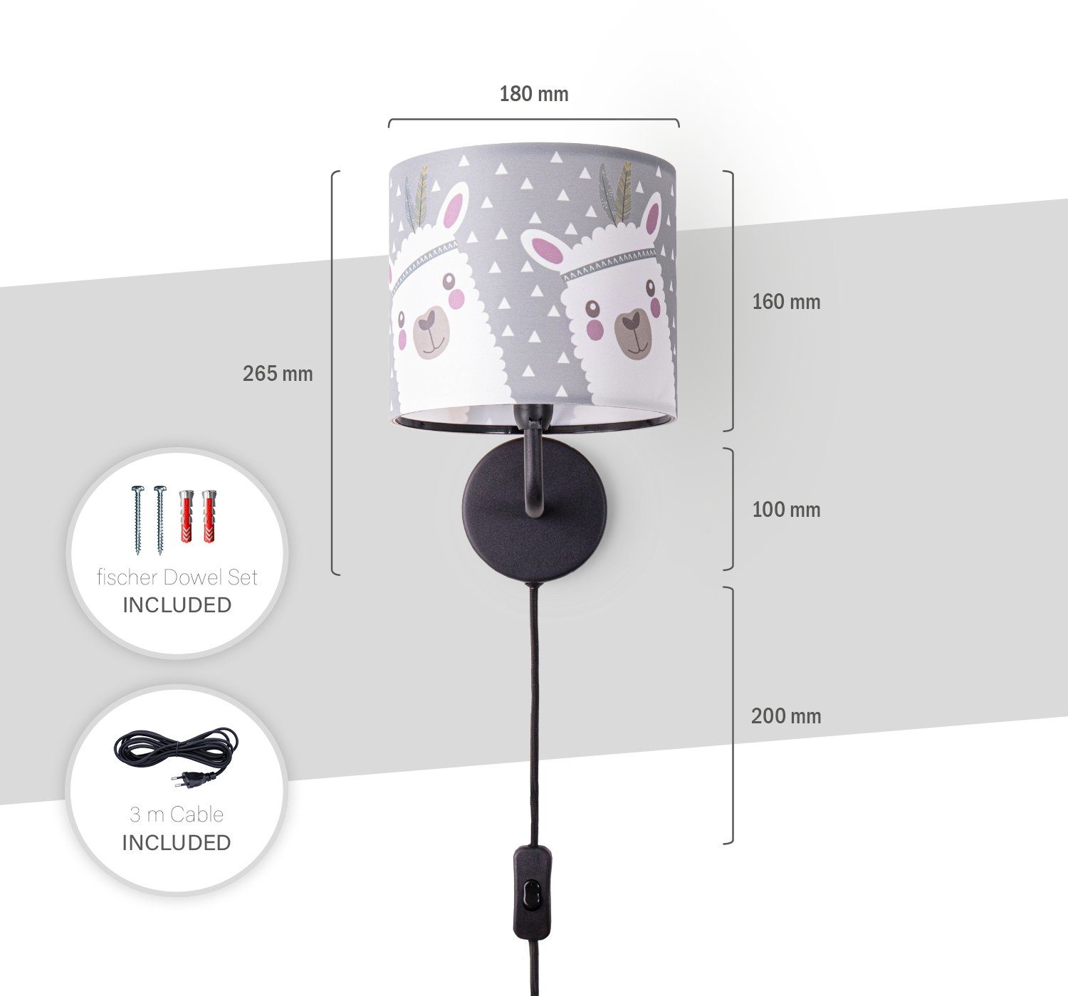 Paco Home Wandlamp Ela 214 Kinderlamp wandlamp met schakelaar Ø…18cm lama roze grijs kabel 3m E14