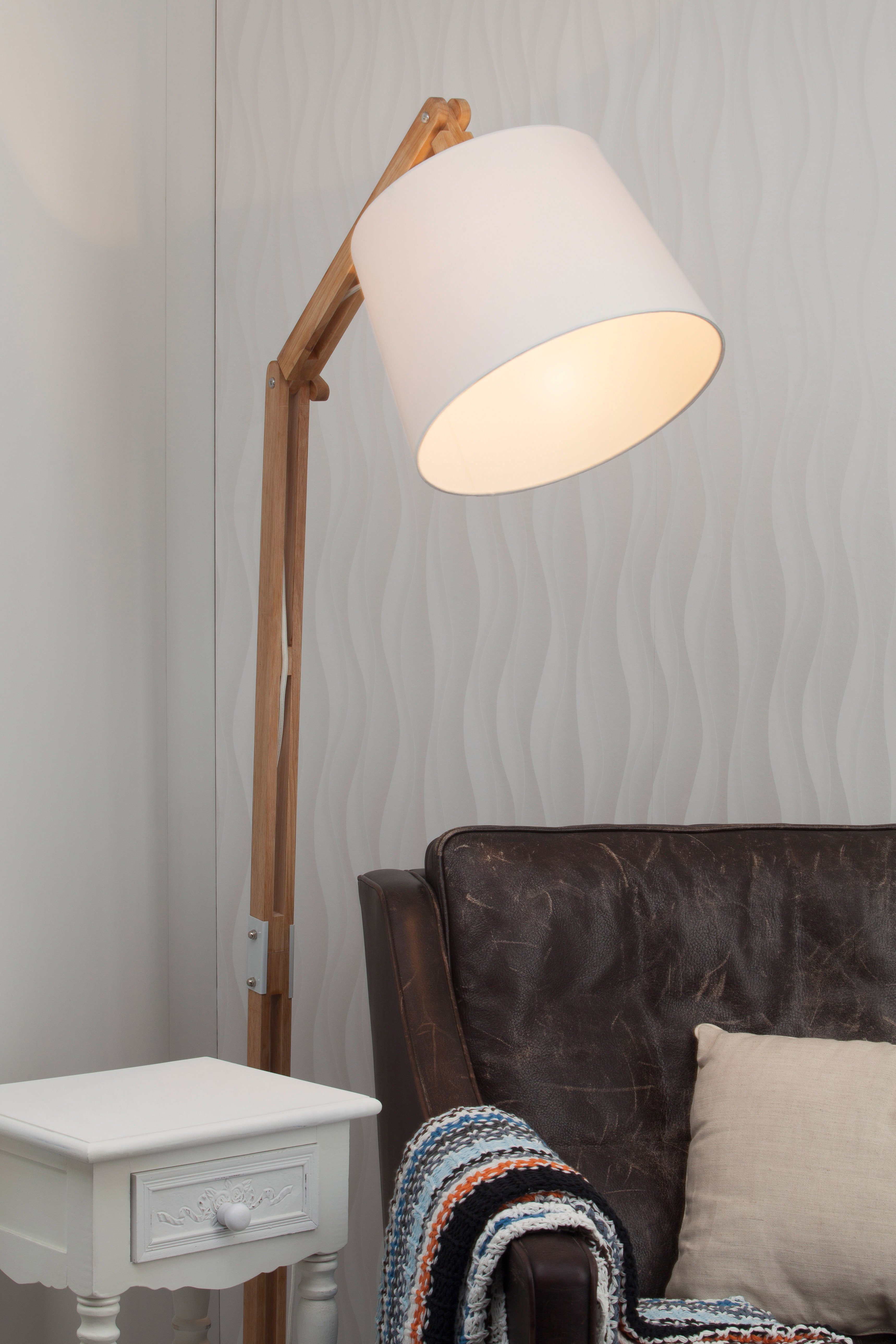 Brilliant Leuchten Staande lamp Carlyn 163 cm hoogte, e27 max. 60 w, met witte stoffen kap, hout / metaal/textiel