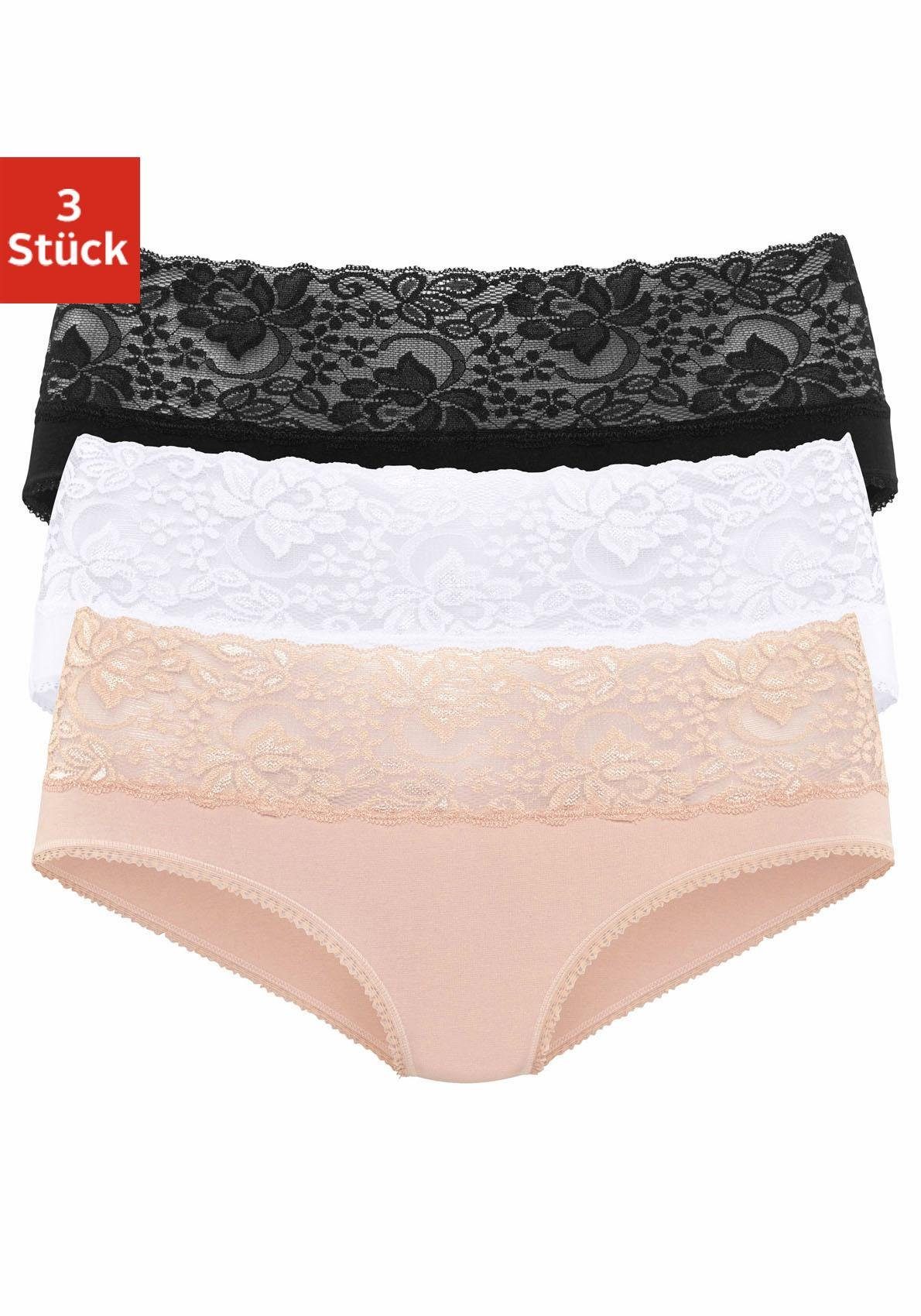 Vivance Slip van elastische katoen met florale kant (3 stuks) dames slips maat 48/50 multicolor