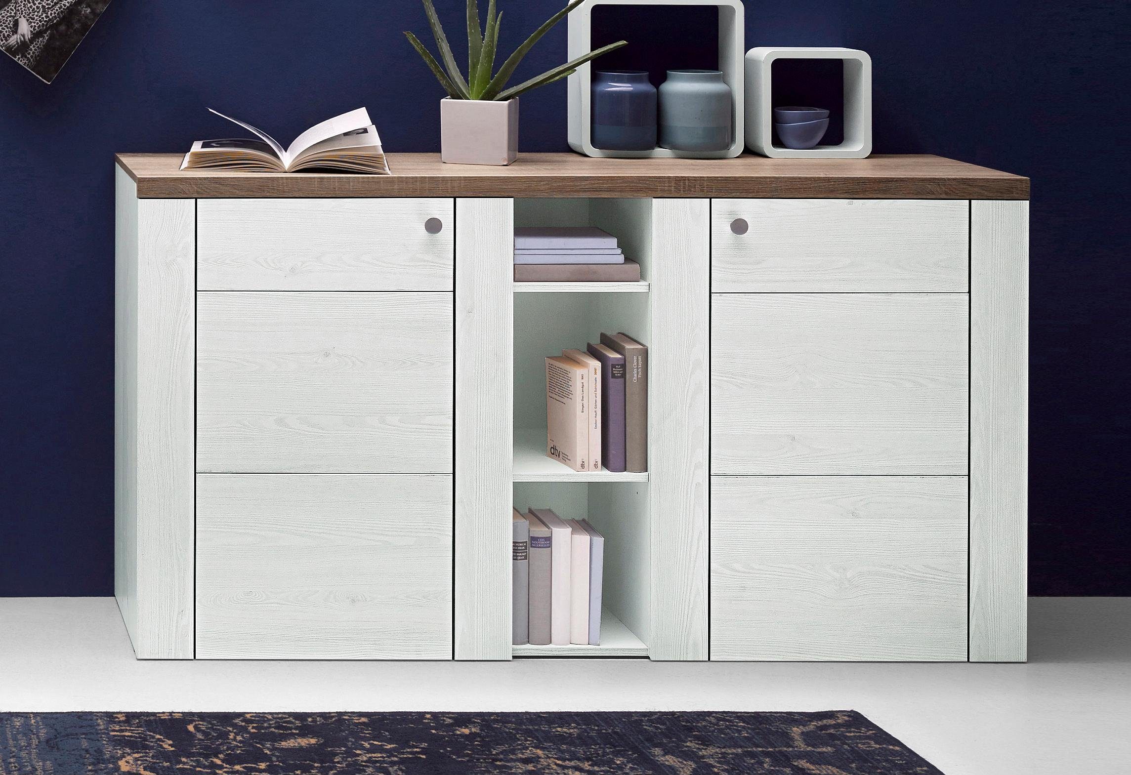 Home affaire Dressoir Larona, tijdloze commode met 2 deuren, deurkast, breedte 155 cm, Hoogte 84 cm, veel opbergruimte, dressoir met decoratieve lijstlook