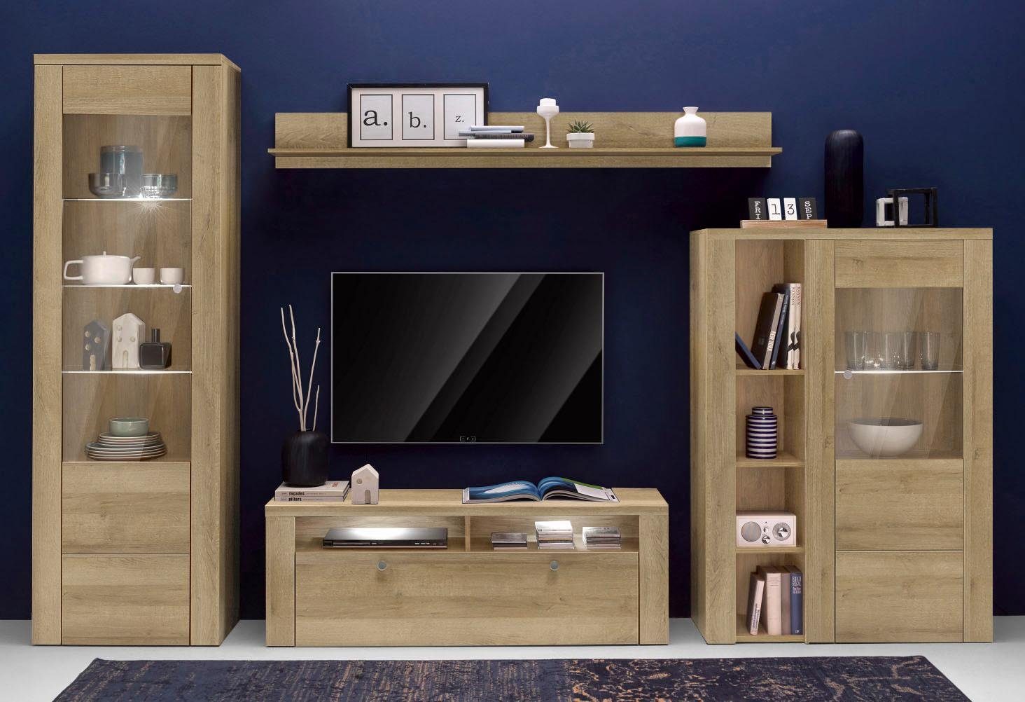 Home affaire Wandmeubel Larona, aanbouwwand, set van 4 delen bestaande uit 1 tv-board, 1 highboard, 1 vitrine, 1 wandplank (set, 4 stuks)