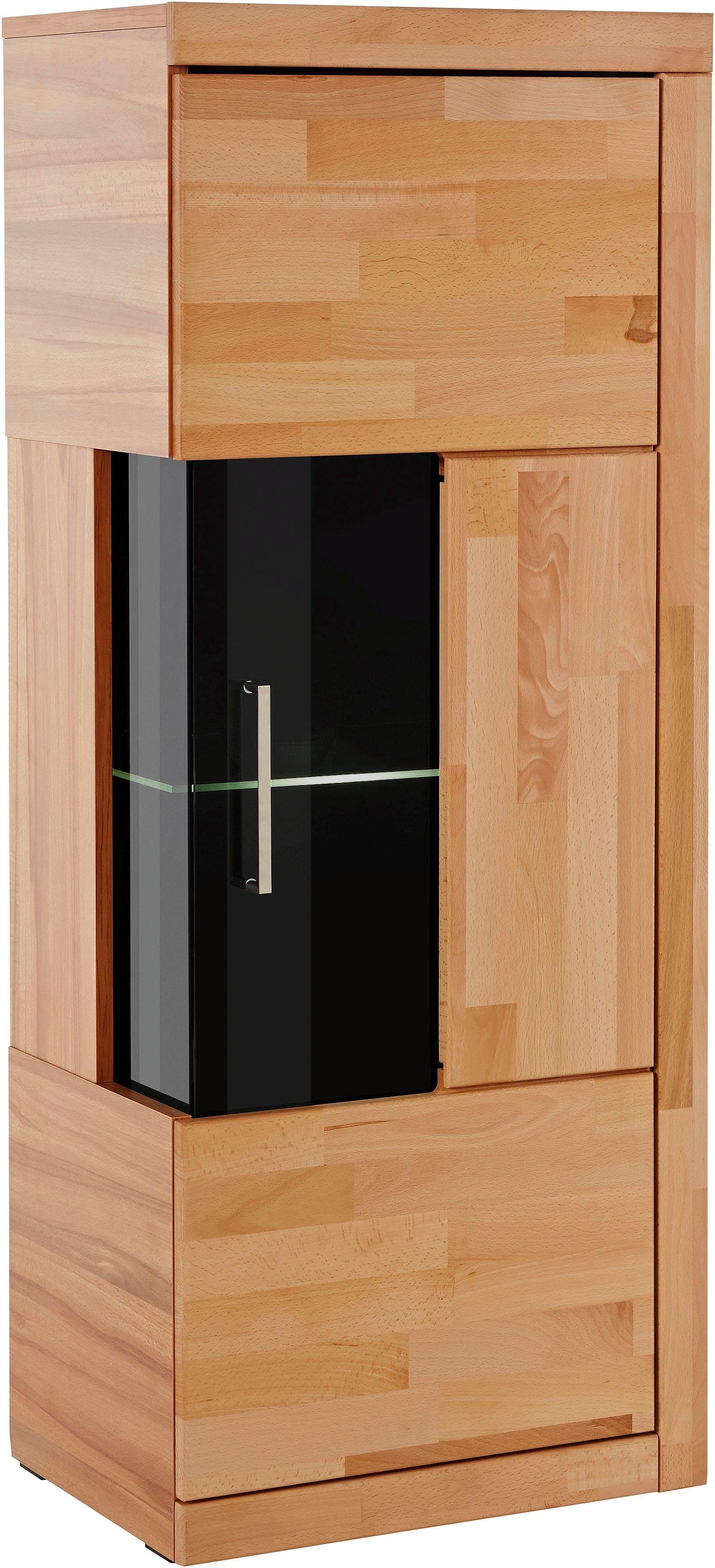 Home affaire Vitrinekast Ribe, 125cm hoog, 4 vakken, 1 glazen plank variabel inzetbaar Massief hout, houtmateriaal, donker gehard glas, metalen handgrepen