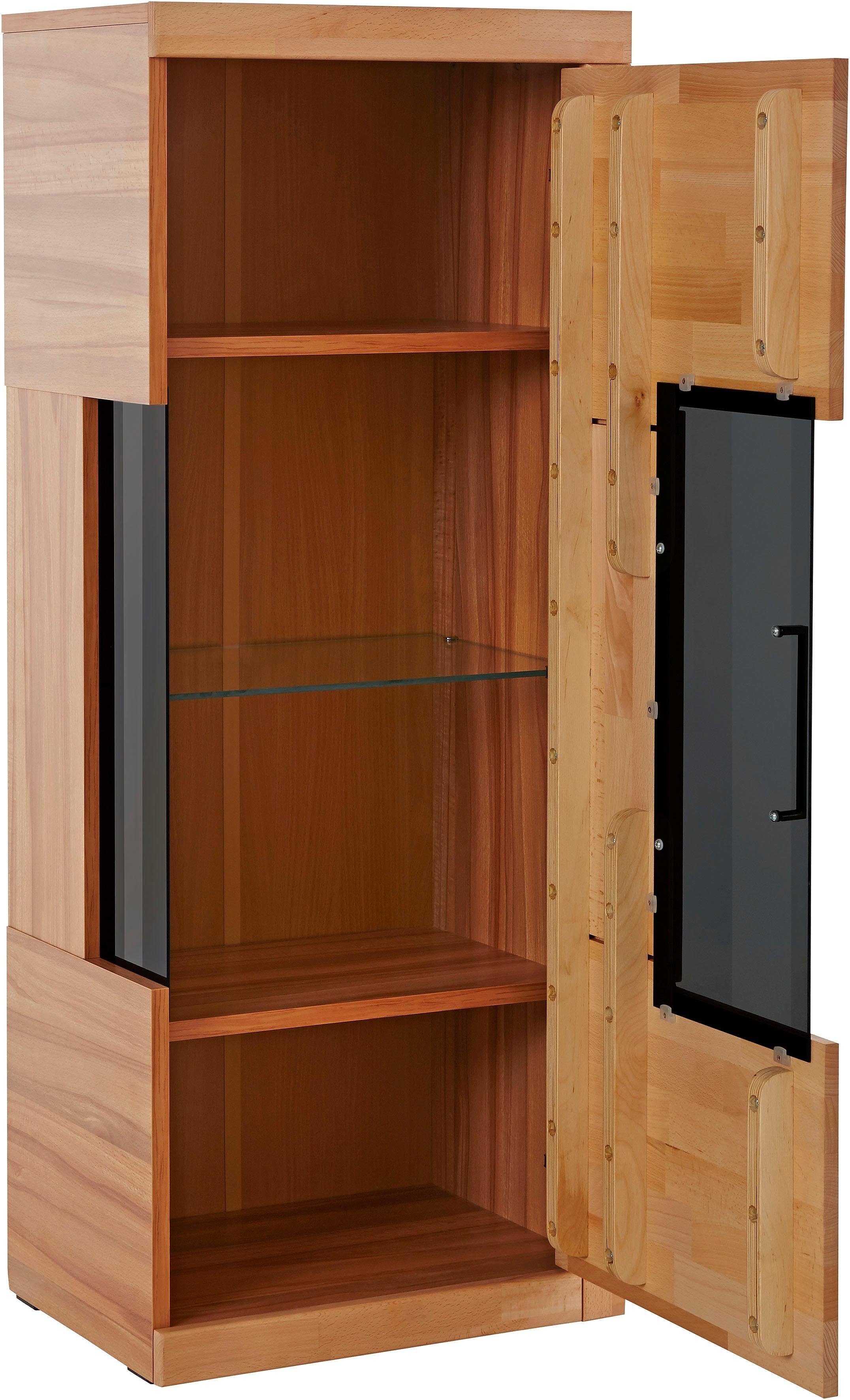 Home affaire Vitrinekast Ribe, 125cm hoog, 4 vakken, 1 glazen plank variabel inzetbaar Massief hout, houtmateriaal, donker gehard glas, metalen handgrepen