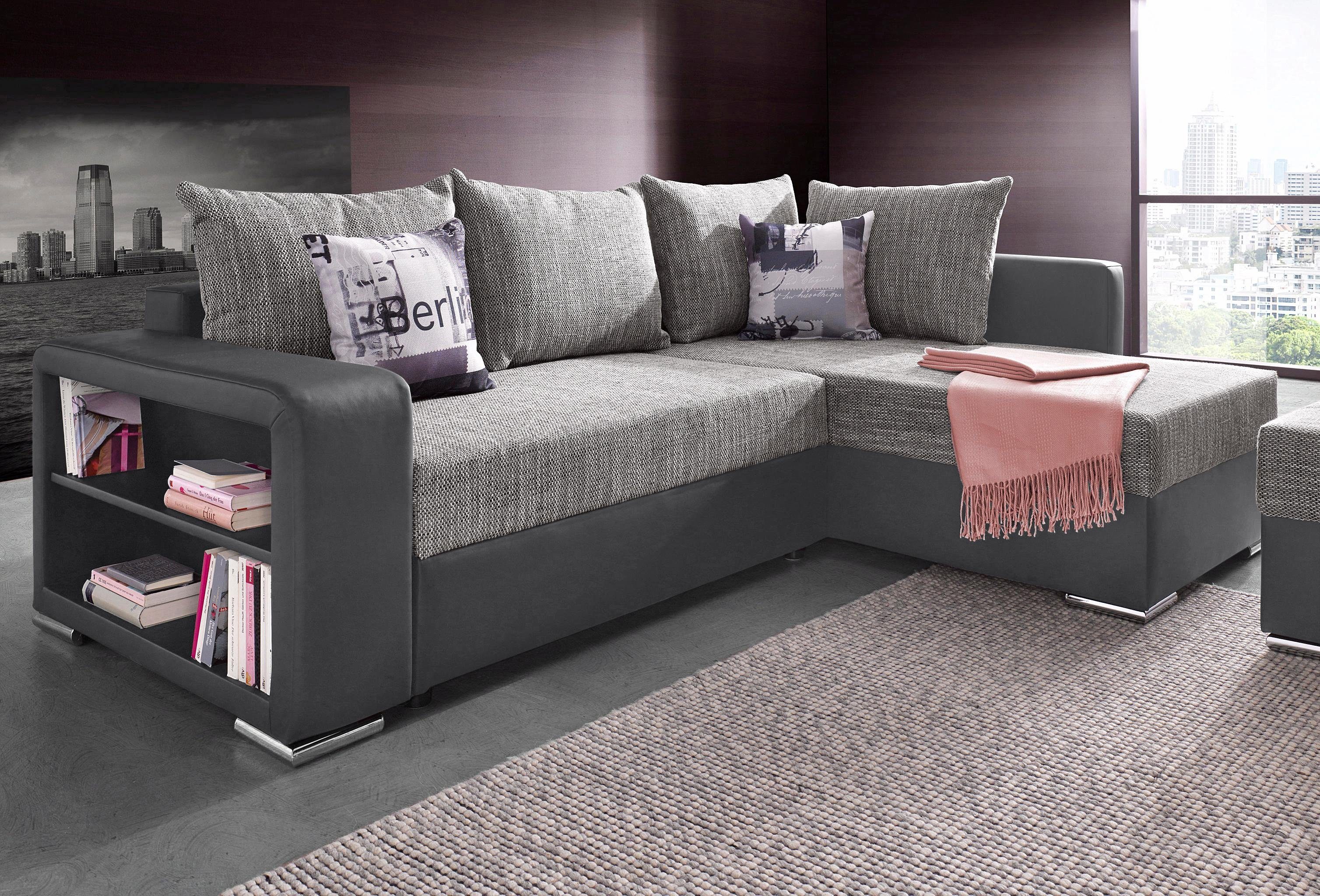 COLLECTION AB Hoekbank John L-vorm met bedfunctie, bedlade en geïntegreerd rek