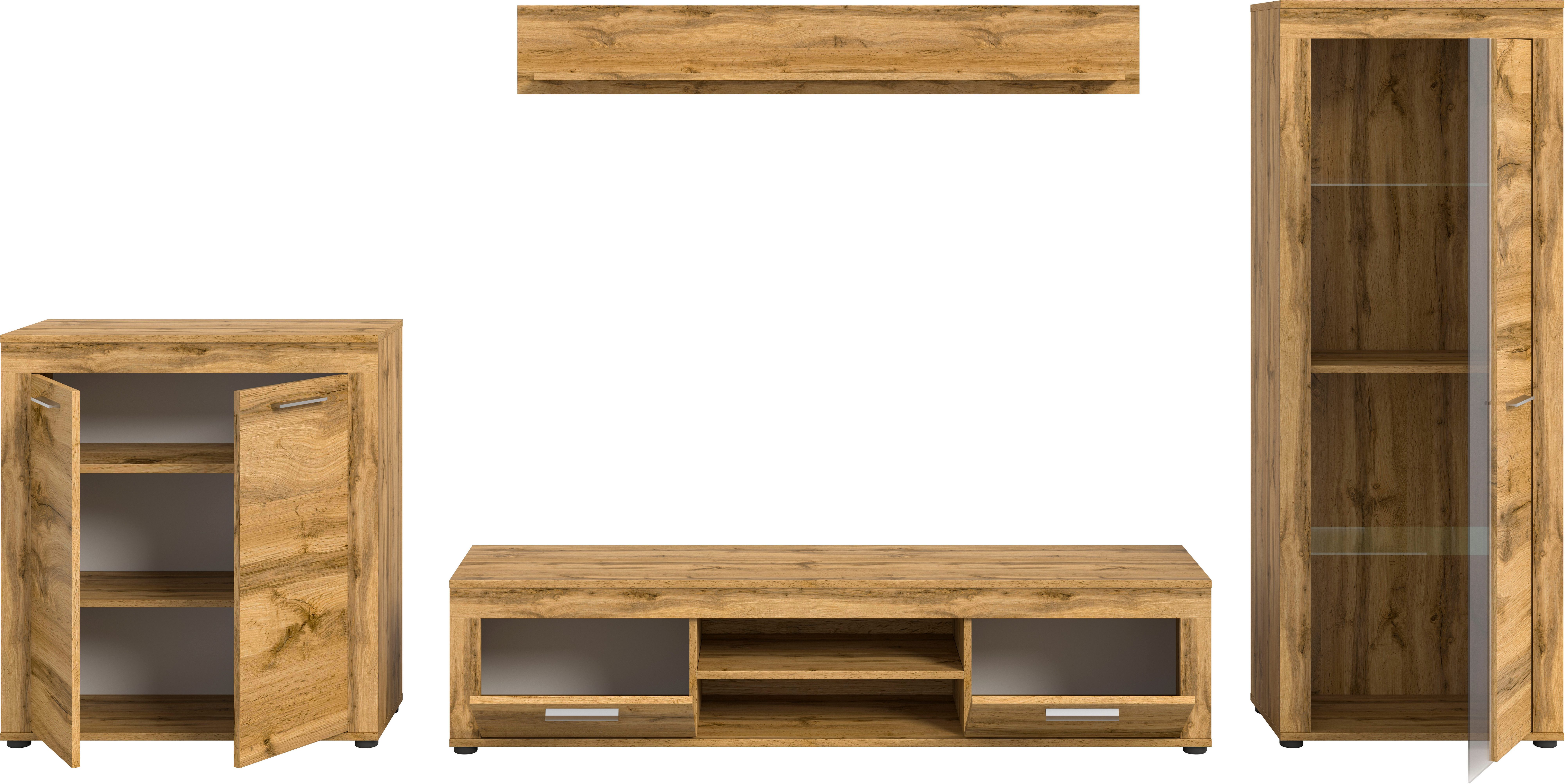 INOSIGN Wandmeubel Aosta, Breedte 330cm, bestaand uit Highboard, Lowboard, Wandplank, Vitrine (4-delig)