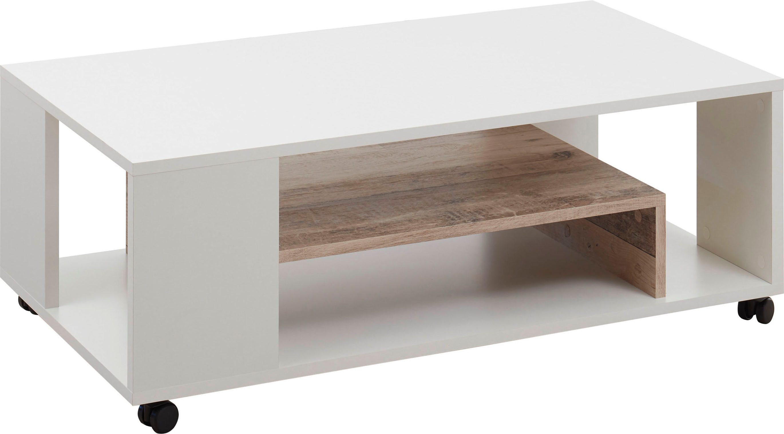 Stolkom Salontafel Bologna rollend, salontafel in wit met plank