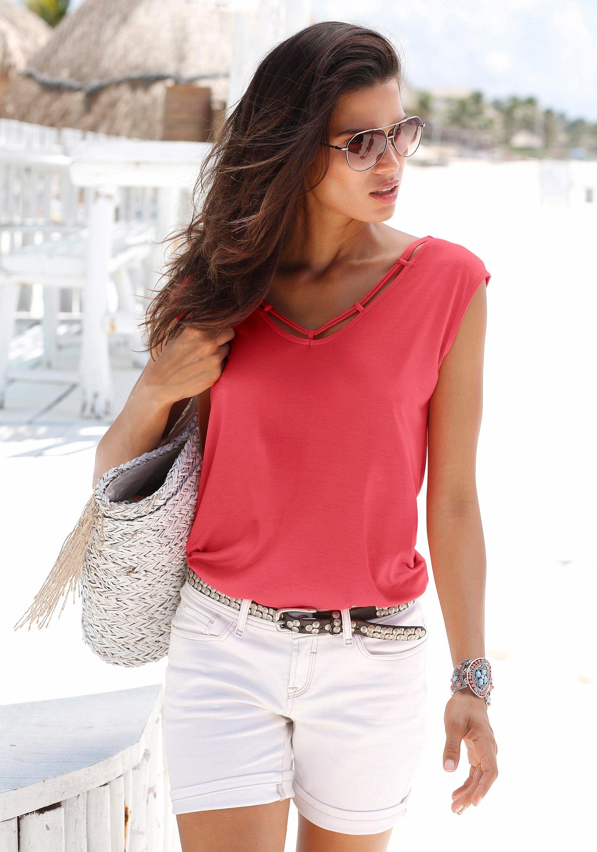 s.Oliver RED LABEL Beachwear T-shirt met sierbandjes bij de hals, shirt met korte mouwen, zomers