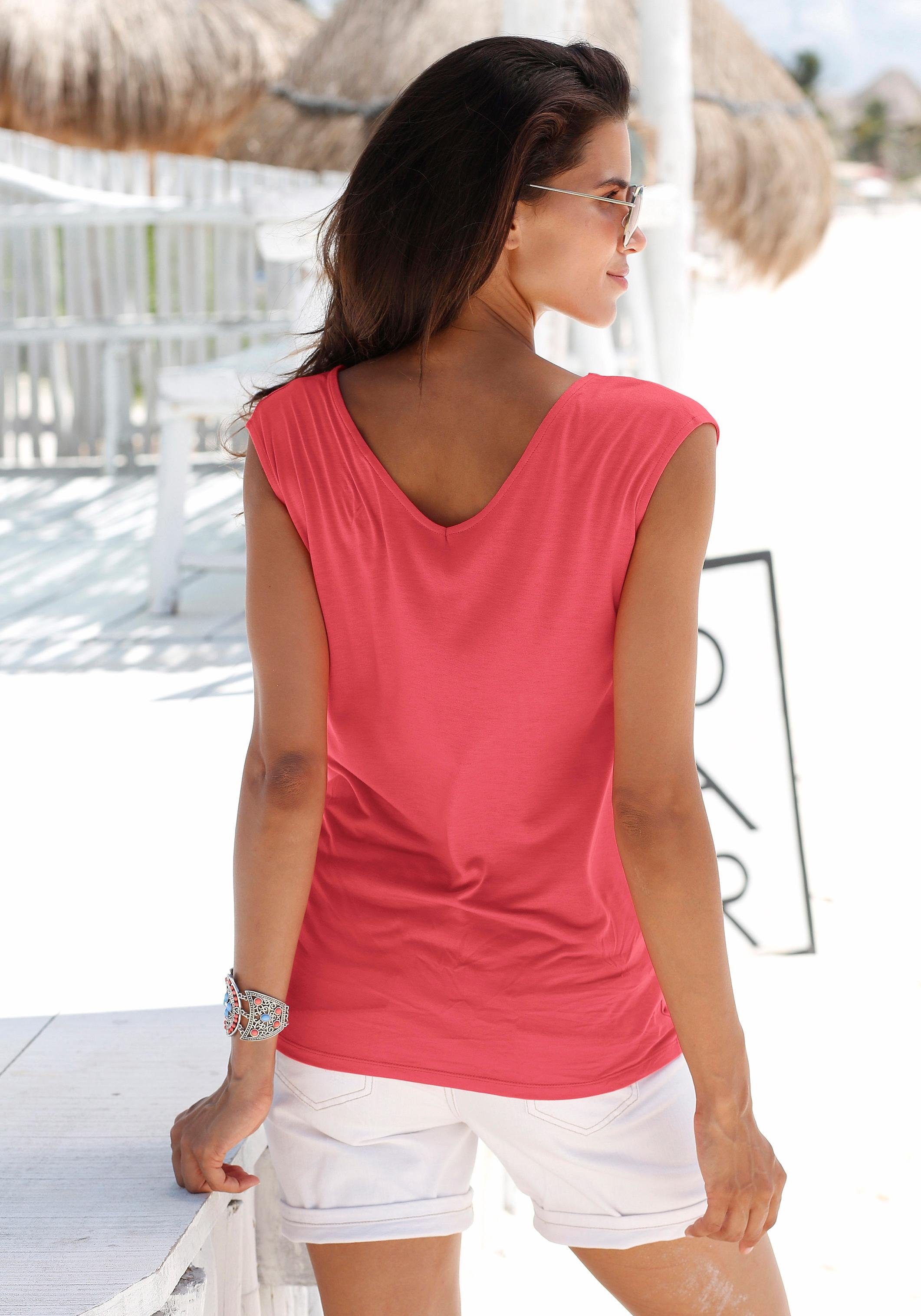 s.Oliver RED LABEL Beachwear T-shirt met sierbandjes bij de hals, shirt met korte mouwen, zomers