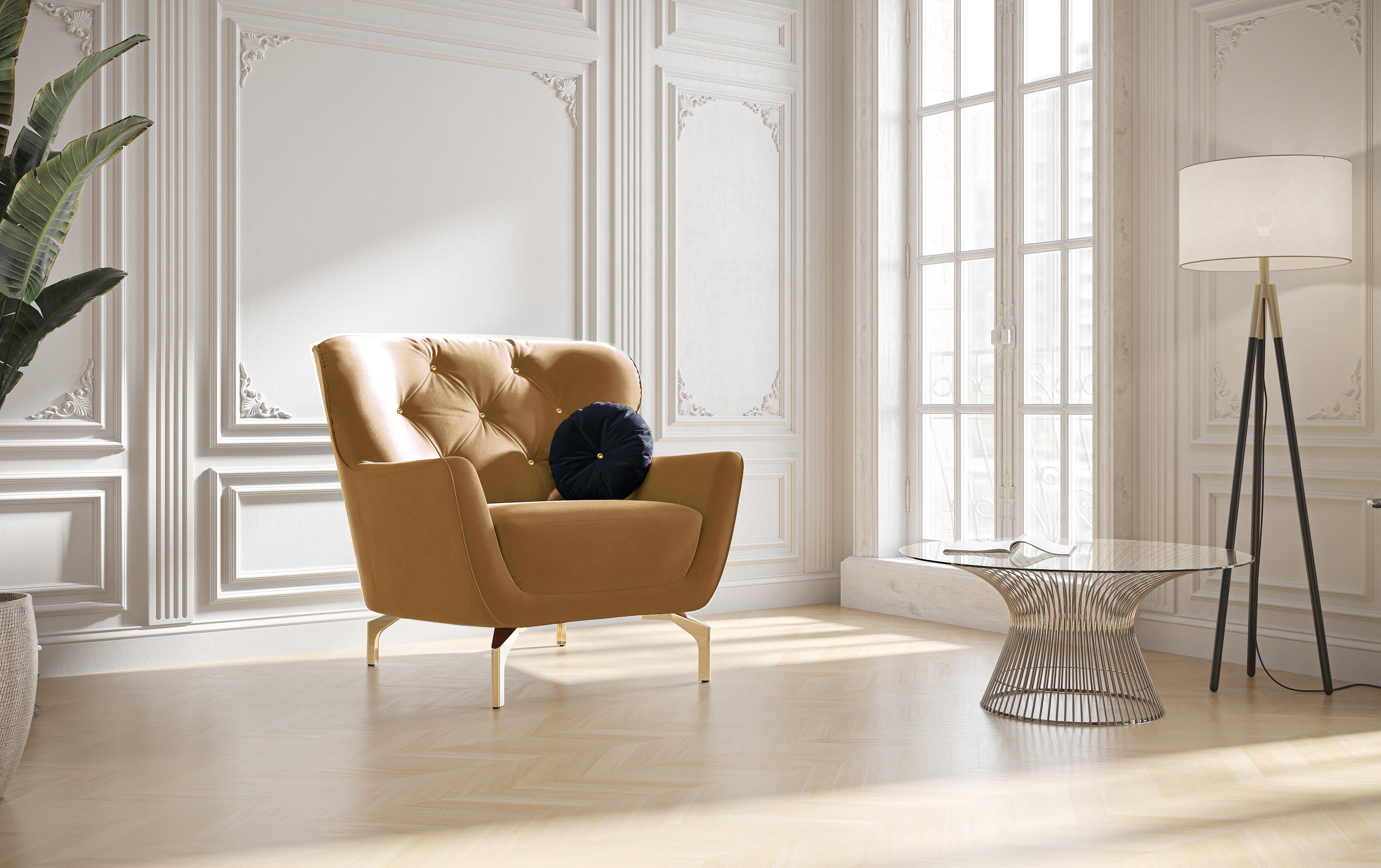 sit&more Fauteuil Orient 3 inclusief 1 sierkussen met strassteentjes, goudkleurige metalen poten
