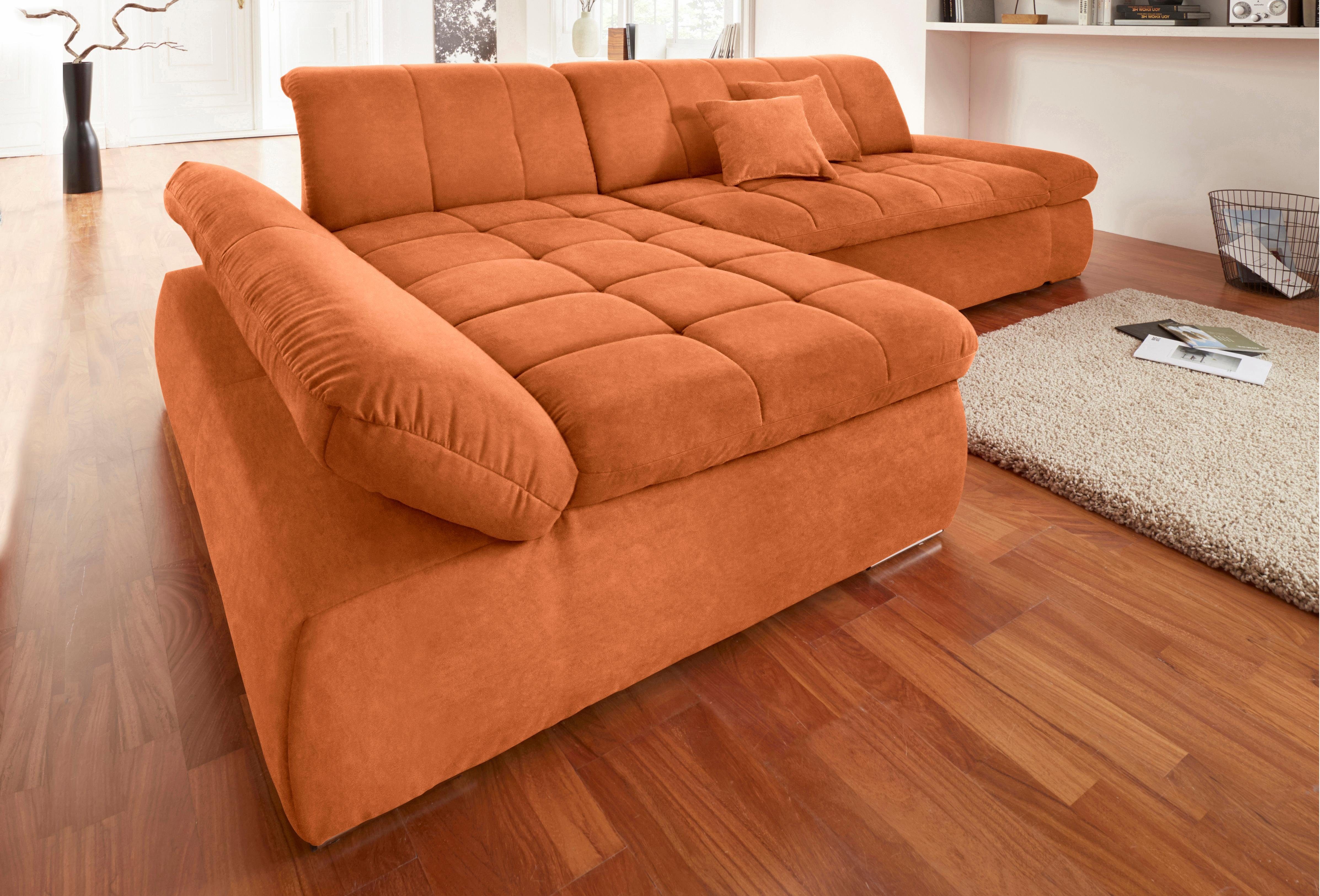 DOMO collection Hoekbank NMoric XXL, B/D/H: 300/172/80cm, L-vorm naar keuze met slaapfunctie en verstelbare armleuning oranje, hoekbanken, Récamier