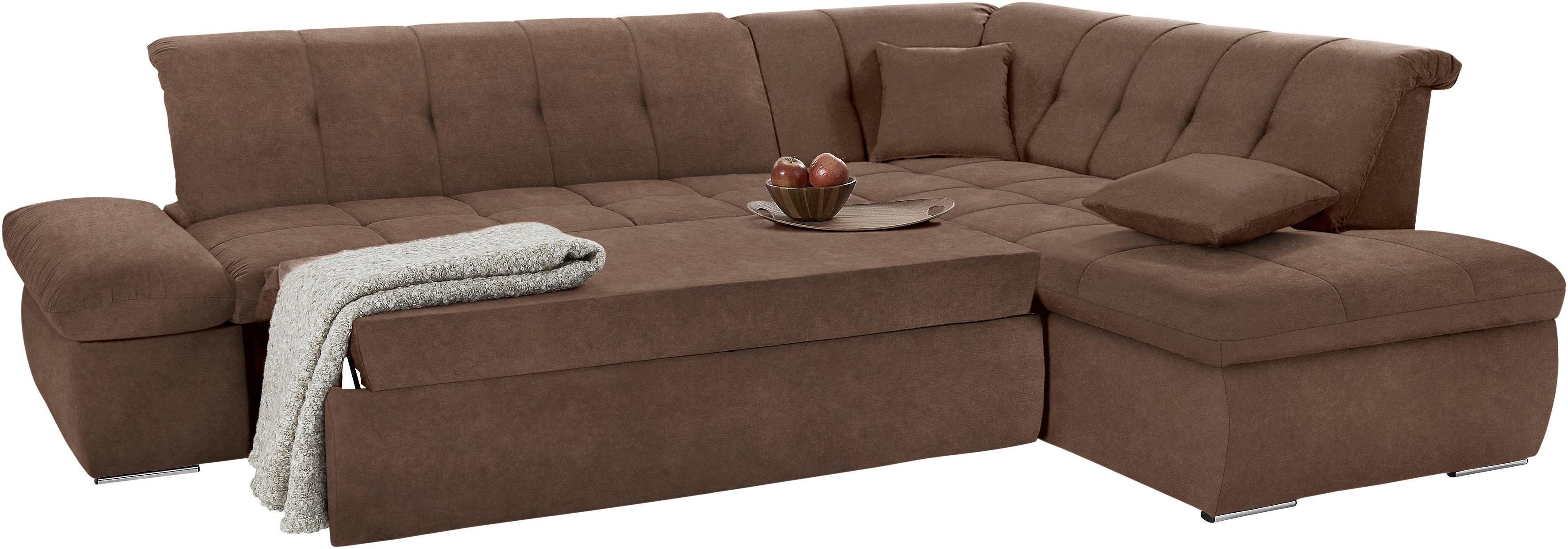 DOMO collection Hoekbank NMoric incl. decoratiekussen B/D/H: 273/216/80 cm L-vorm Ottoman aan uiteinde, optioneel met slaapbank functie en verstelling armleuning