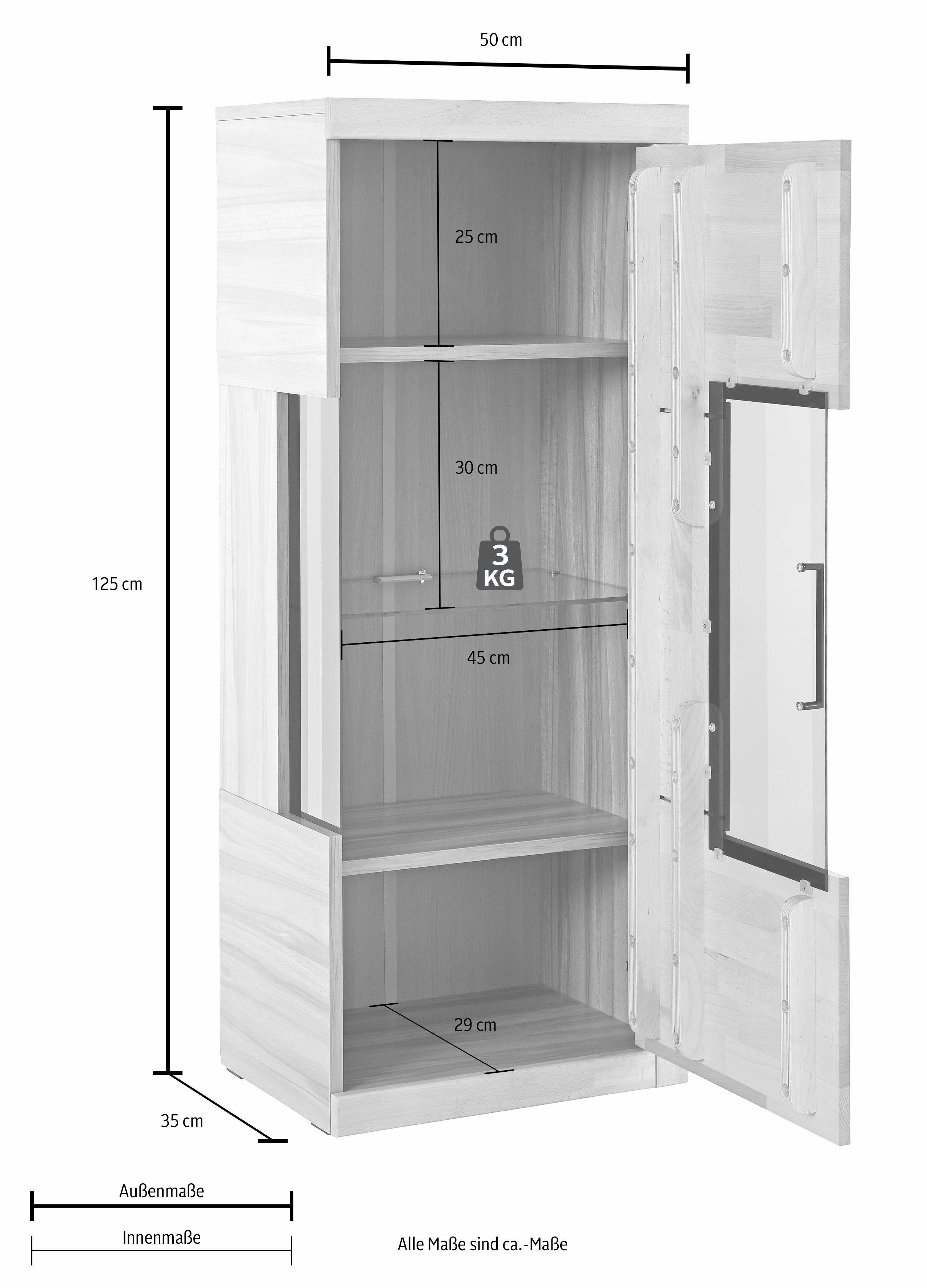 Home affaire Vitrinekast Ribe, 125cm hoog, 4 vakken, 1 glazen plank variabel inzetbaar Massief hout, houtmateriaal, donker gehard glas, metalen handgrepen