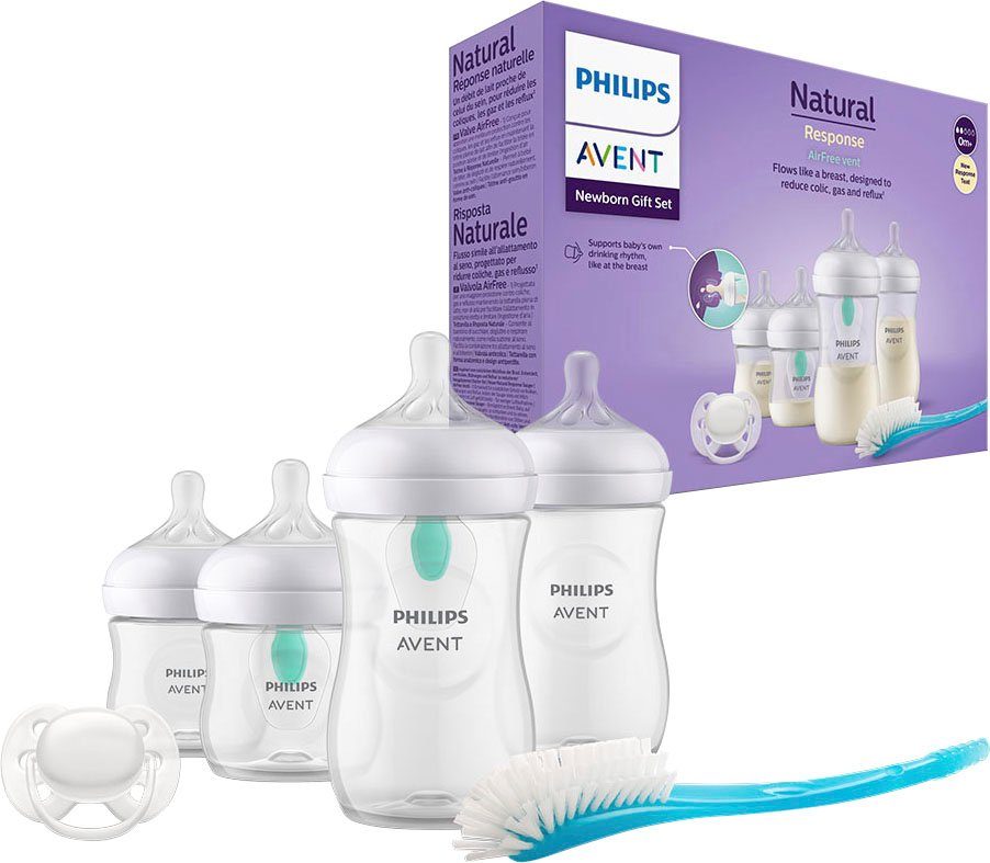 Philips AVENT Babyfles Natural Response Flaschen-Set Air-Free Ventil SCD657/11 4 flessen met airfree-ventiel, ultrazachte fopspeen, flessenborstel