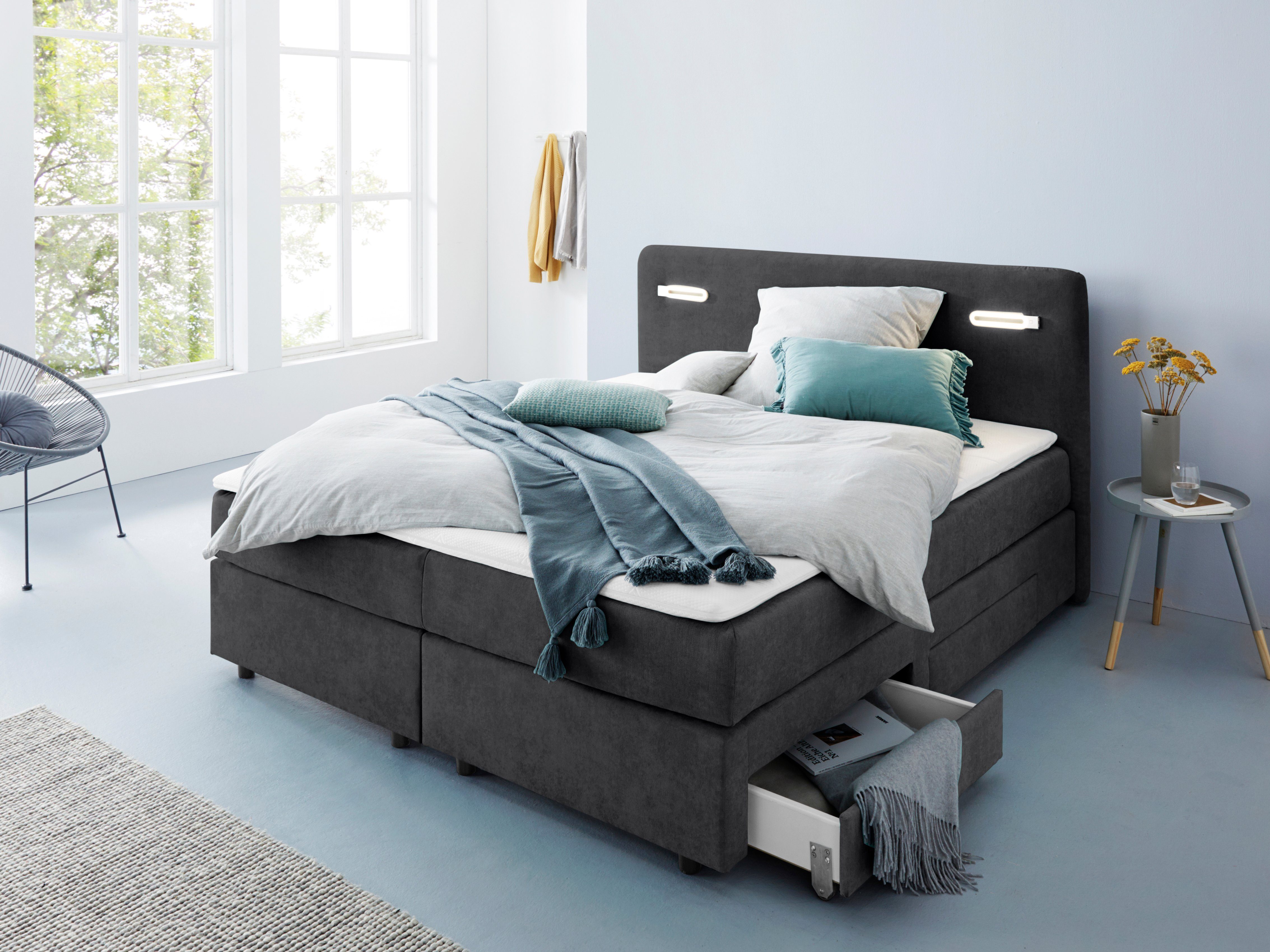 INOSIGN Boxspring Luan Laden, ledverlichting en topmatras, in breedte 120 cm en 180 cm