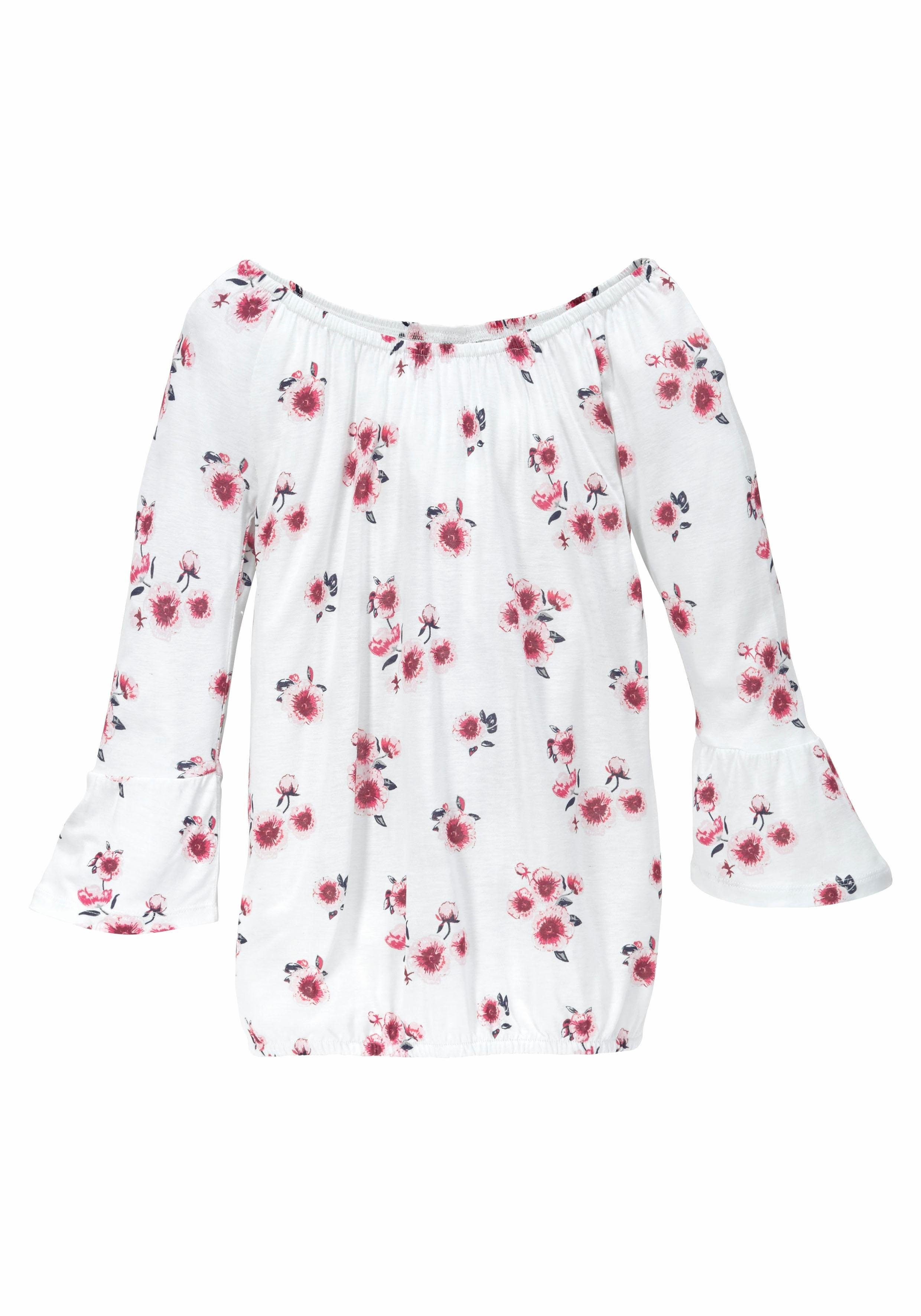 KIDSWORLD Shirt met carmenhals Shirt van viscose wijde pasvorm, met bloemenpatroon en print, carmenhals