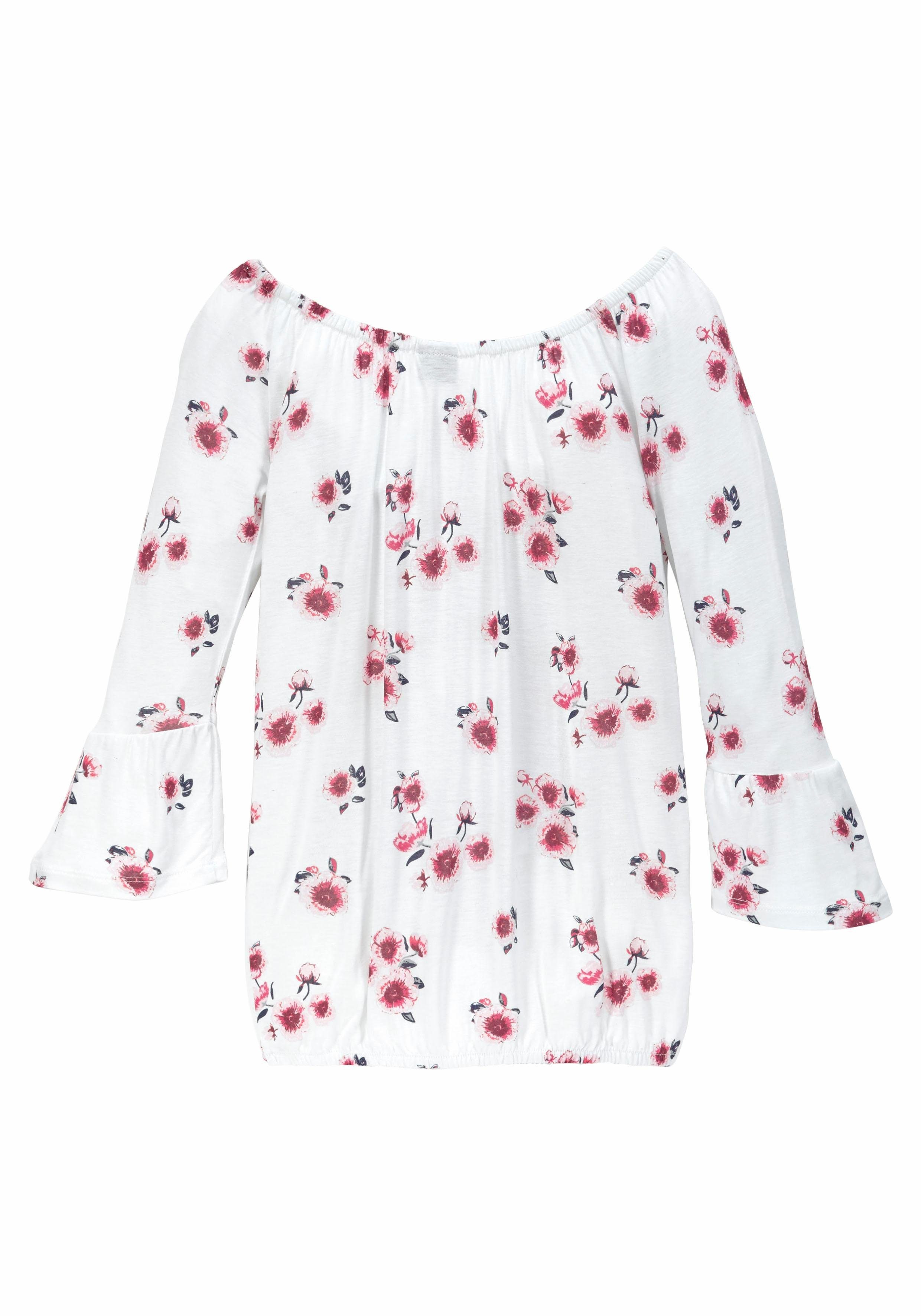 KIDSWORLD Shirt met carmenhals Shirt van viscose wijde pasvorm, met bloemenpatroon en print, carmenhals