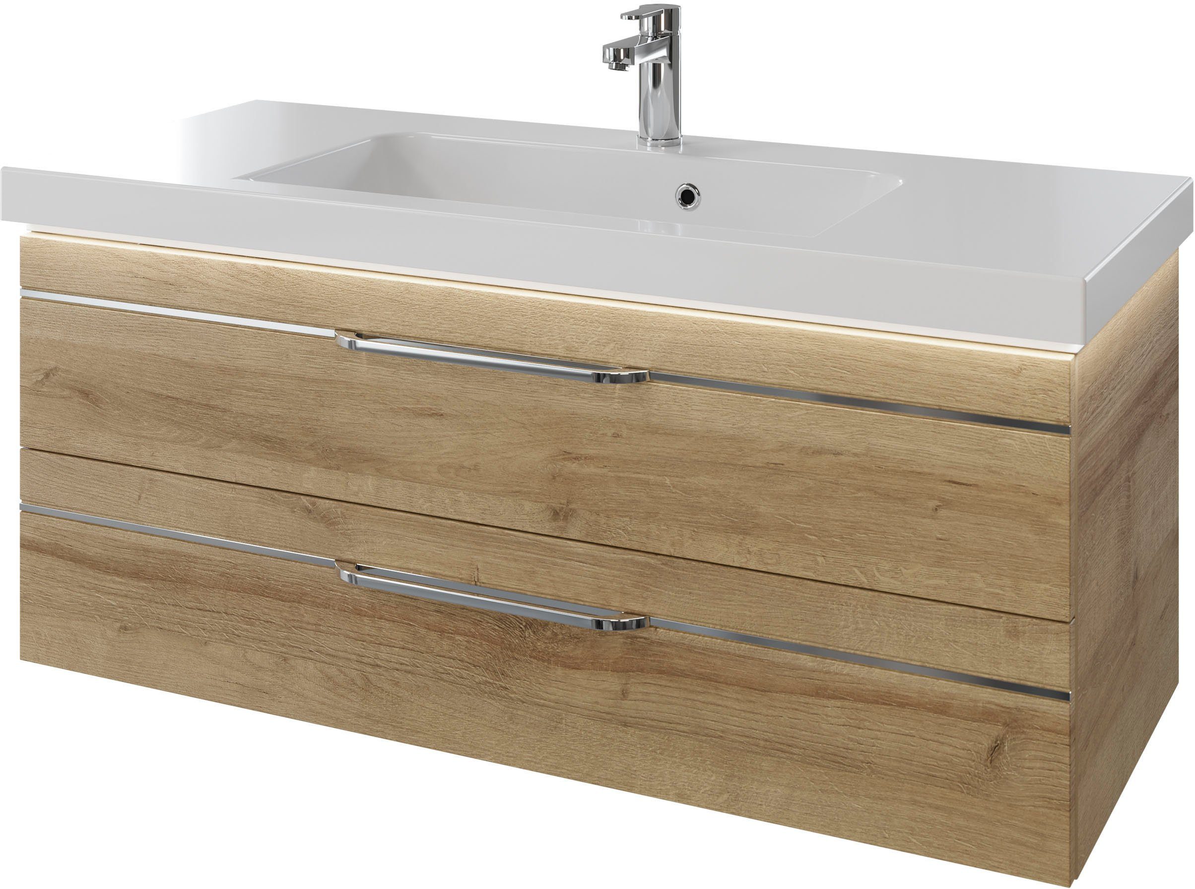 Saphir Wastafelonderkast Serie Balto mineraalmarmeren wastafel met onderkast, 123 cm breed Wastafelmeubel met 2 laden, badkamerkast in verschillende