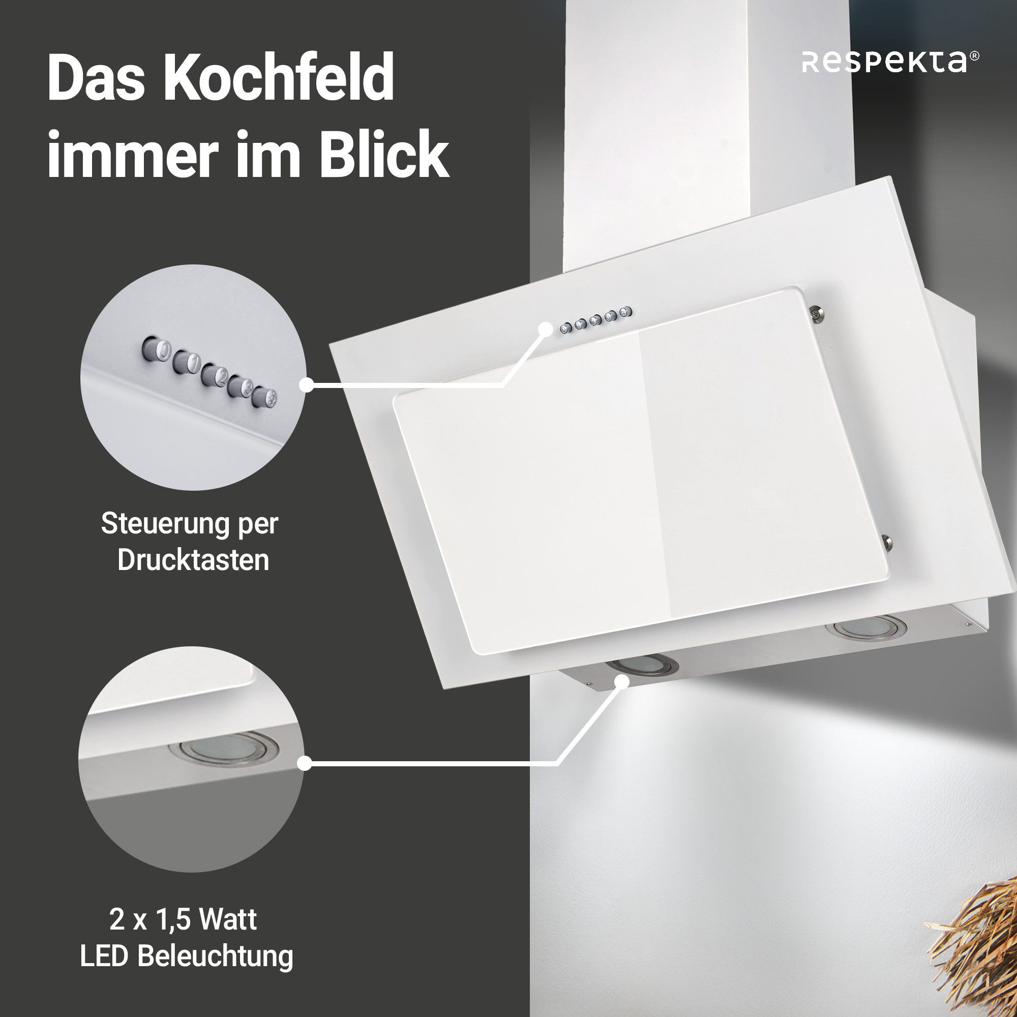 RESPEKTA Schuine wandkap CH 33060 60 cm, 3 vermogensniveaus, led-verlichting, geschikt voor afzuiging en recirculatie