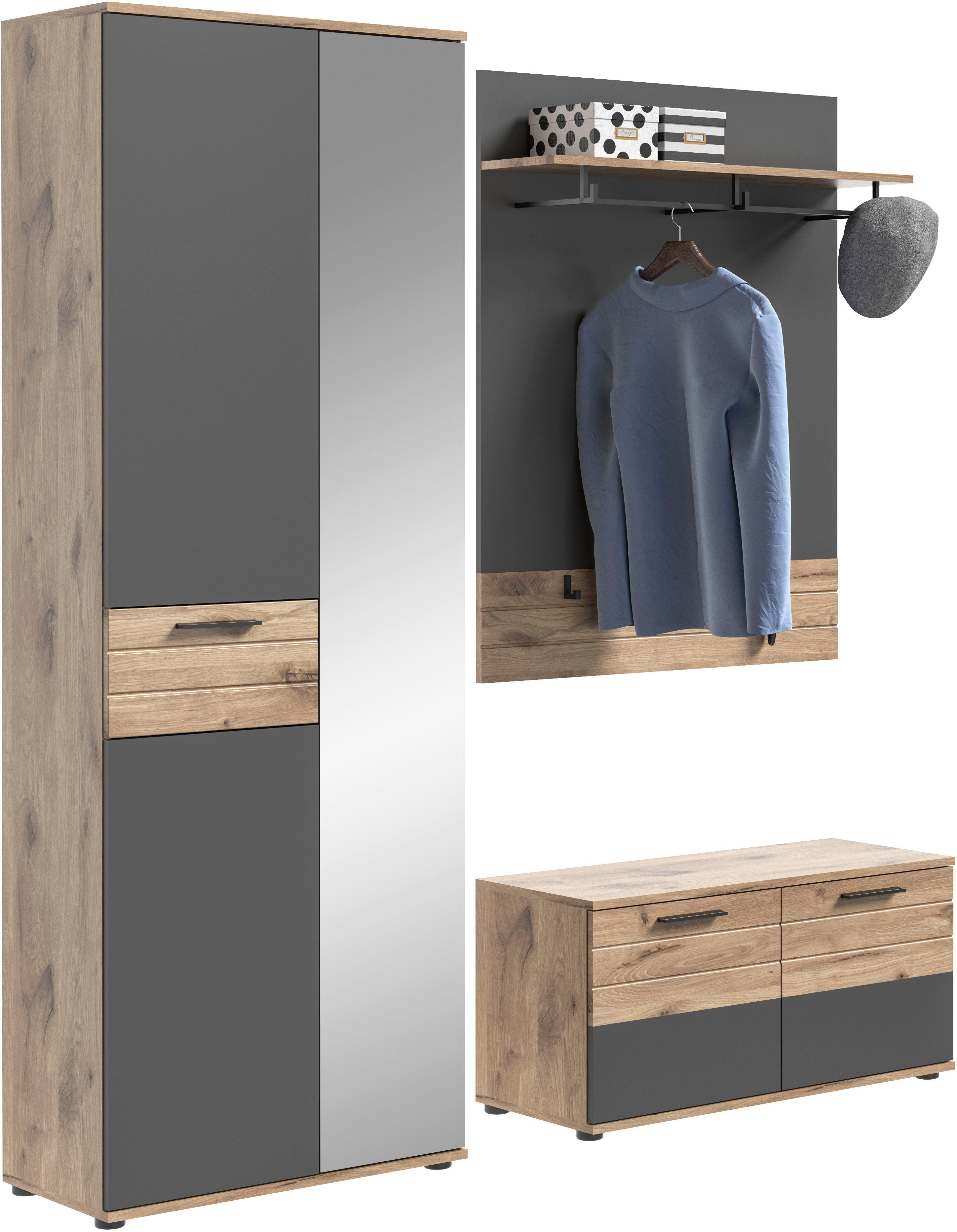 INOSIGN Halmeubelset Riga, Breedte 175 cm, hoogwaardige groeffrezing, 3-delig, bestaande uit: (set, 3-delig) wandkapstokken grijs