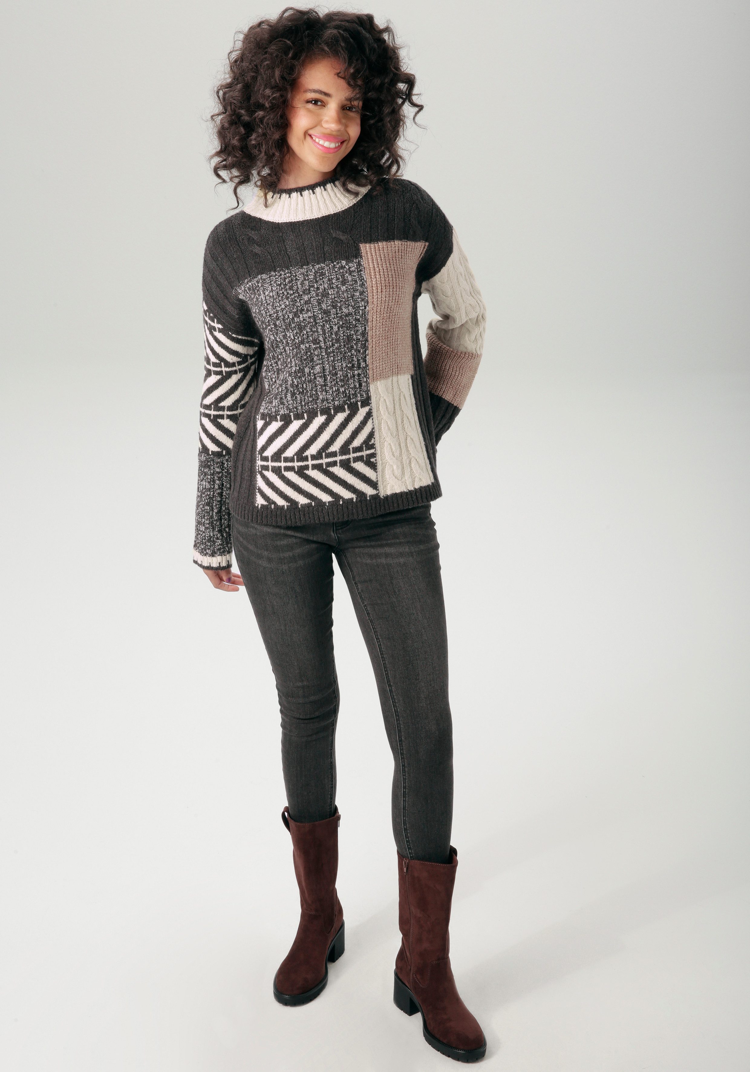 Aniston CASUAL Gebreide trui in kleurharmonisch patchpatroon - nieuwe collectie