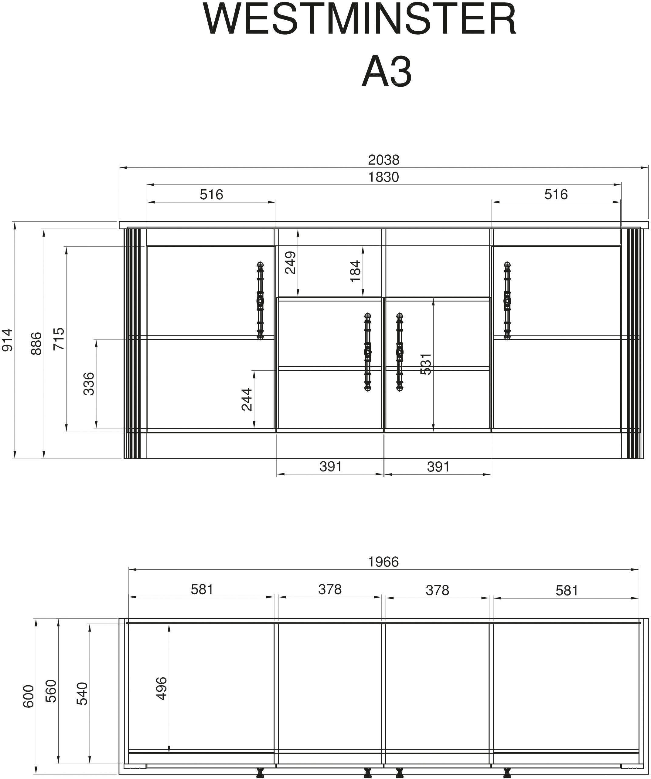 Kochstation Keuken KS-Westminster Breedte 204 cm, zonder elektrische apparaten